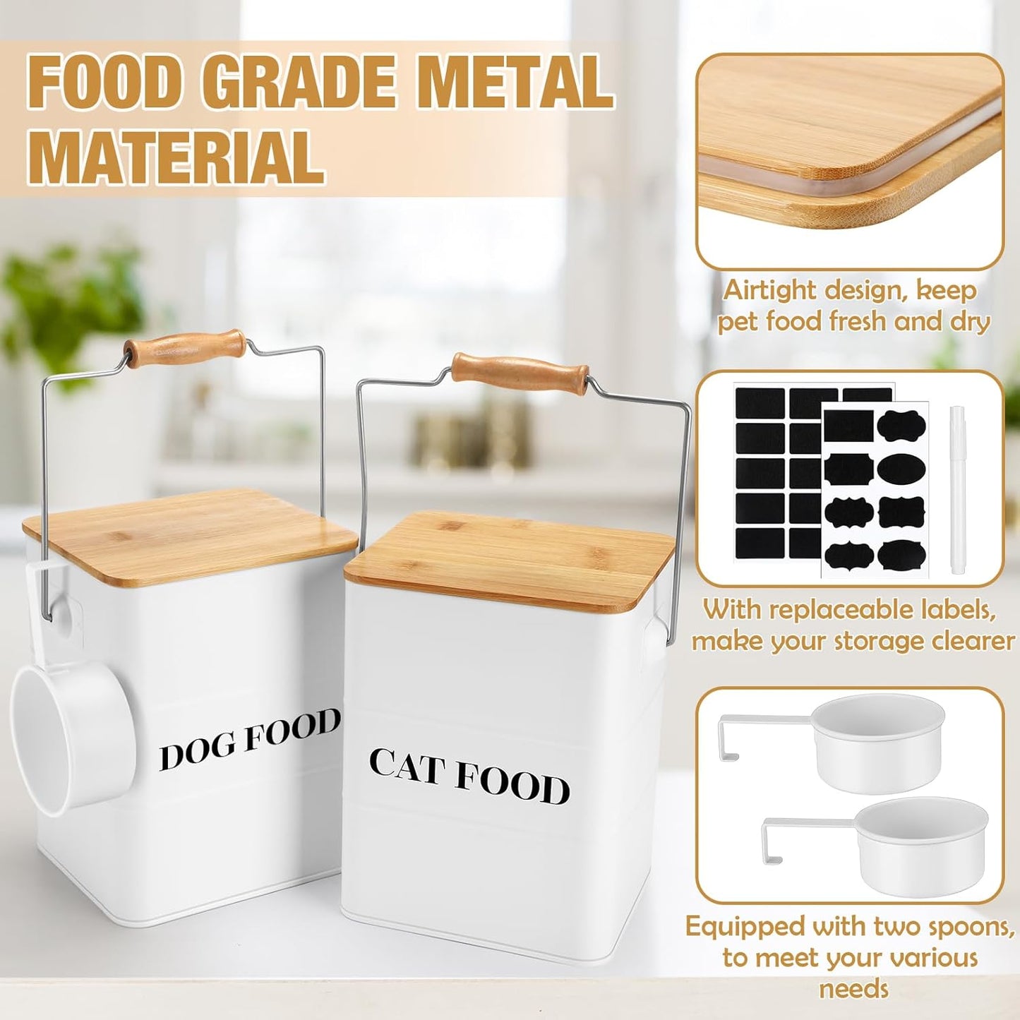 Tioncy 2 Pcs Metal Dog and Cat Food Storage Containers Big Pet Food Containers with Bamboo Lids and Spoon Airtight 5-7 Lbs Dog Cat Treat Snack Jars with DIY Labels for Kitchen Counter(White)