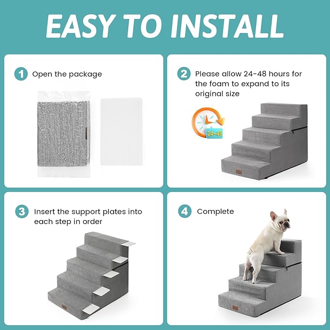 Dog Stairs for Small Dogs, 5 Tier Removable Wider Pet Stairs for Couch and Bed, 23.6" H Non-Slip Dog Steps for Puppies and Old Cats with Support Board, 29.5x19.7x23.6 inch, Grey