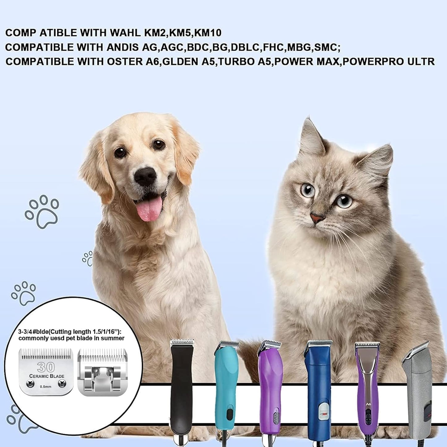 2Pack 30 Blade Dog Grooming Clipper Blades Compatible with Andis/Wahl/Oster Dog Clippers,Detachable Stainless Steel Blade,Size-30, 1/50-Inch Cut Length (64260)