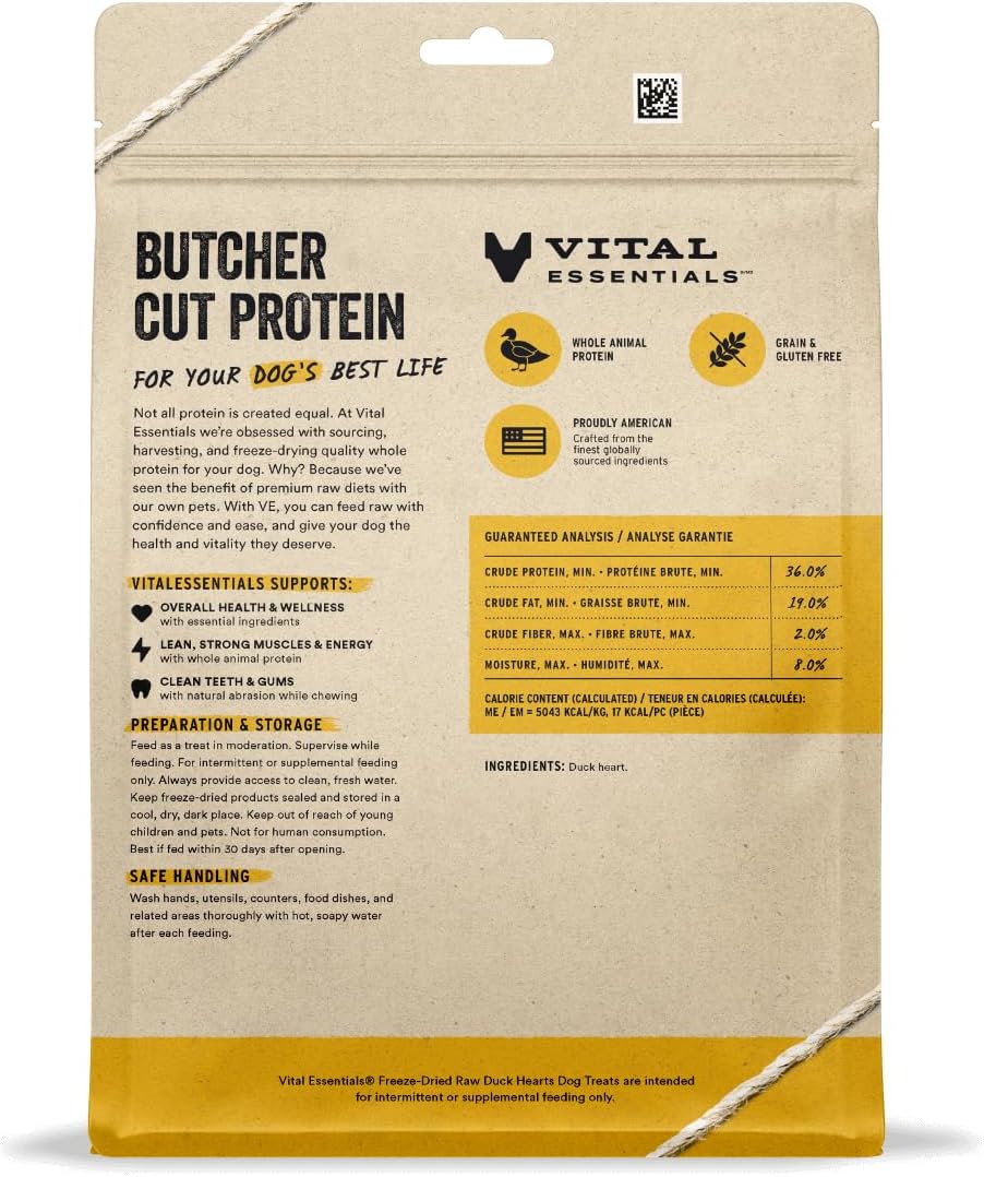 Vital Essentials Duck Hearts Dog Treats, 10 oz | Freeze-Dried Raw | Single Ingredient | Premium Quality High Protein Training Treats | Grain Free, Gluten Free, Filler Free