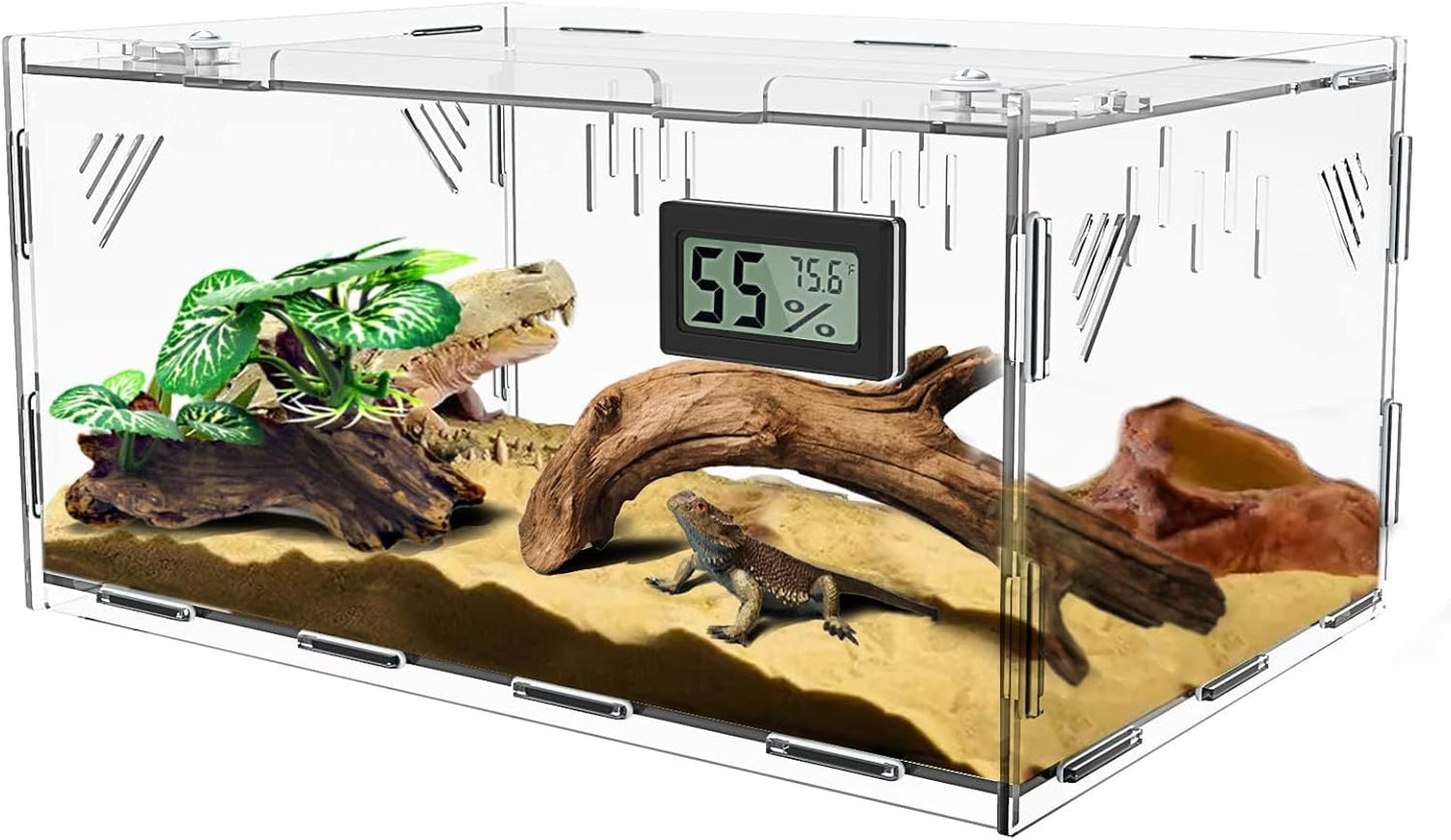 Reptile Terrariums, with Temperature Hygrometer, 15.7"x9.9"x7.1"Acrylic Reptile Breeding Box Terrarium Cage Tank for Small Reptile Insect Home Office