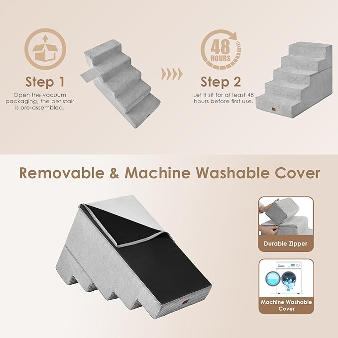 EHEYCIGA Dog Stairs for High Bed 25" H, 5-Step Extra Wide Dog Steps for Bed, Pet Steps for Small Dogs and Cats, Non-Slip Balanced Pet Ramp Indoor, Light Grey