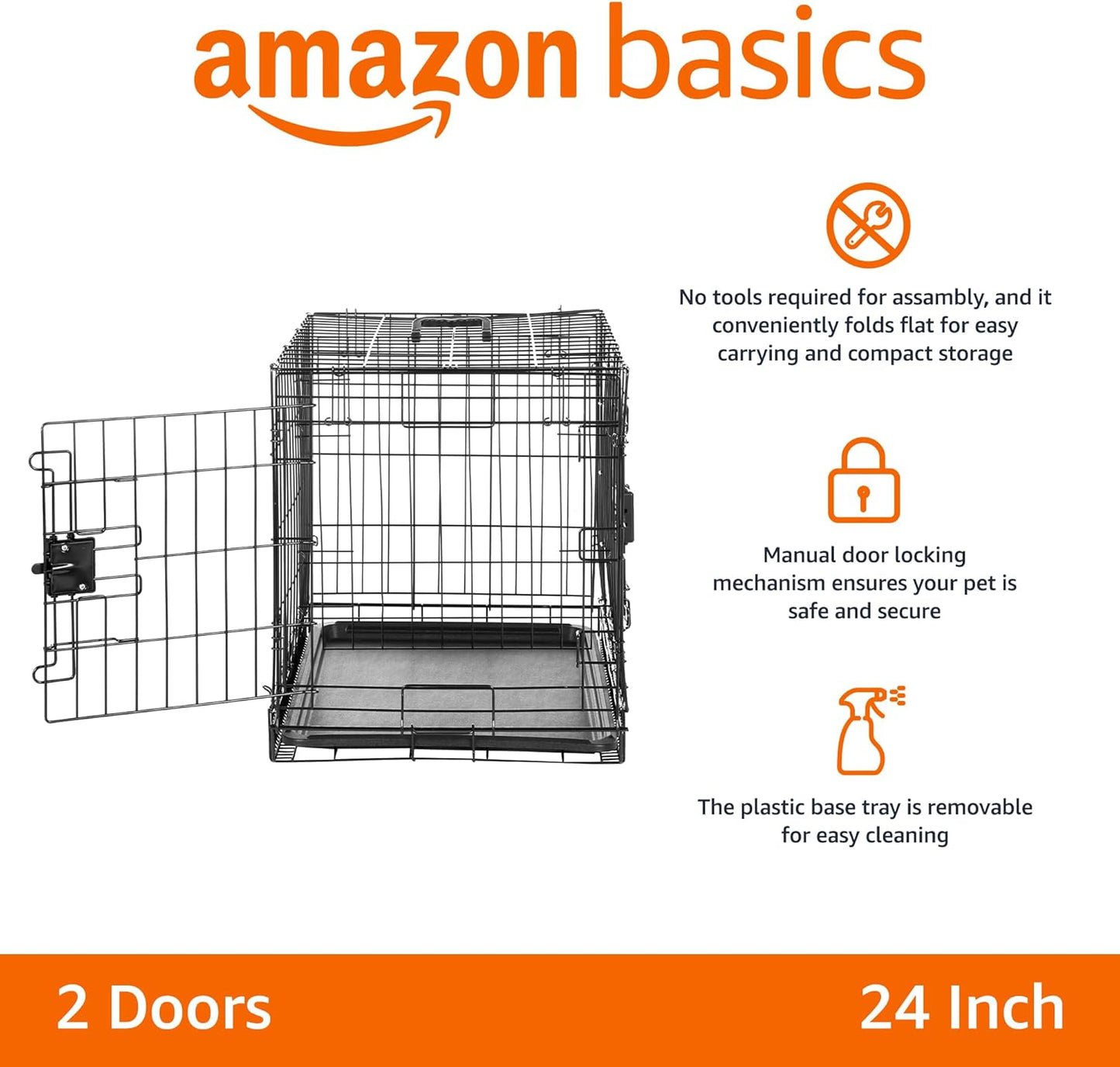 Amazon Basics Durable,Foldable Metal Wire Dog Crate with Tray, Double Door, Divider, 24 x 18 x 20 in, Black