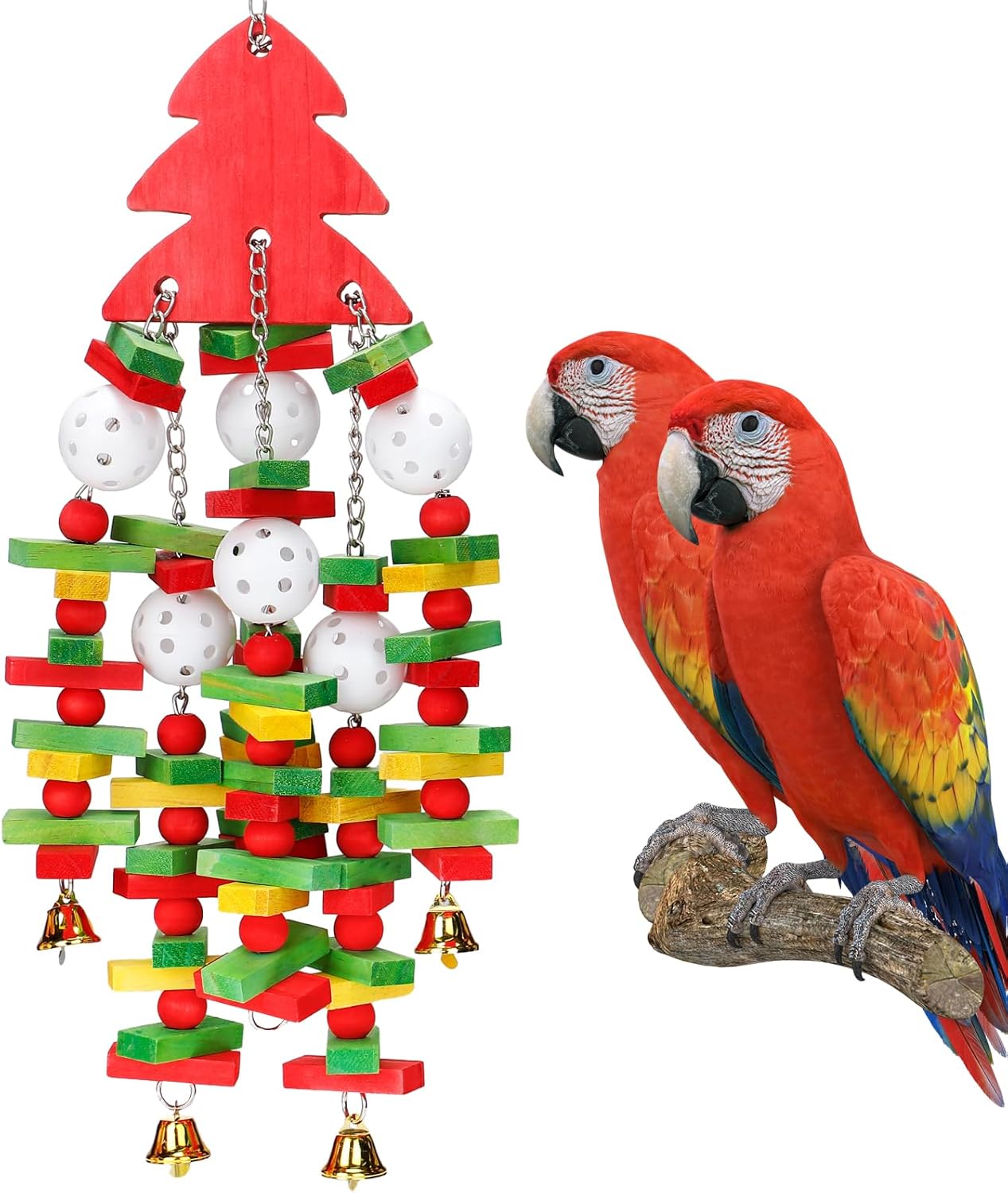 MEWTOGO Christmas Large Bird Toy - Natural Wooden Parrot Chewing Toy With Colorful Edible Blocks for Macaw African Grey Amazon Parrots, Xmas Gifts Bird Playing (Red)