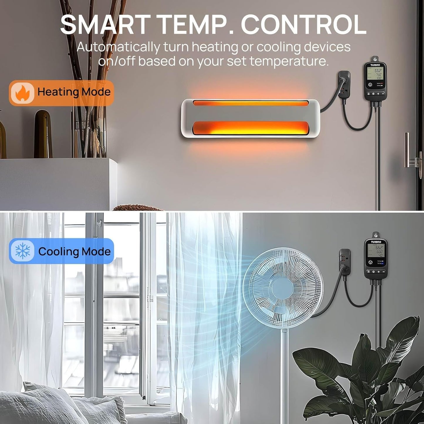 [2 Pack] TURBRO Smart Temperature Controller Heating Cooling, WiFi-Enabled Thermostat with Timer and Temperature Monitoring for Home Brewing, Seedling, Greenhouse, and Reptile Terrarium