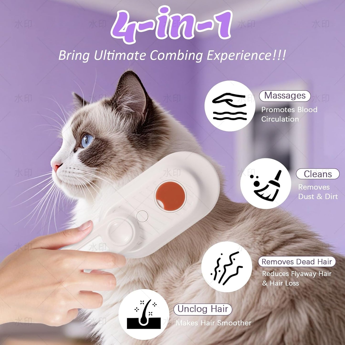 4 in 1 Cat & Dog Steam Brush Kit with 2 Comb Heads - Rechargeable Grooming Brush for Long/Short Hair Shedding, Anti-Static Steam Spray & Foldable Handle, Pet Spa Cleaning Tool (Purple)