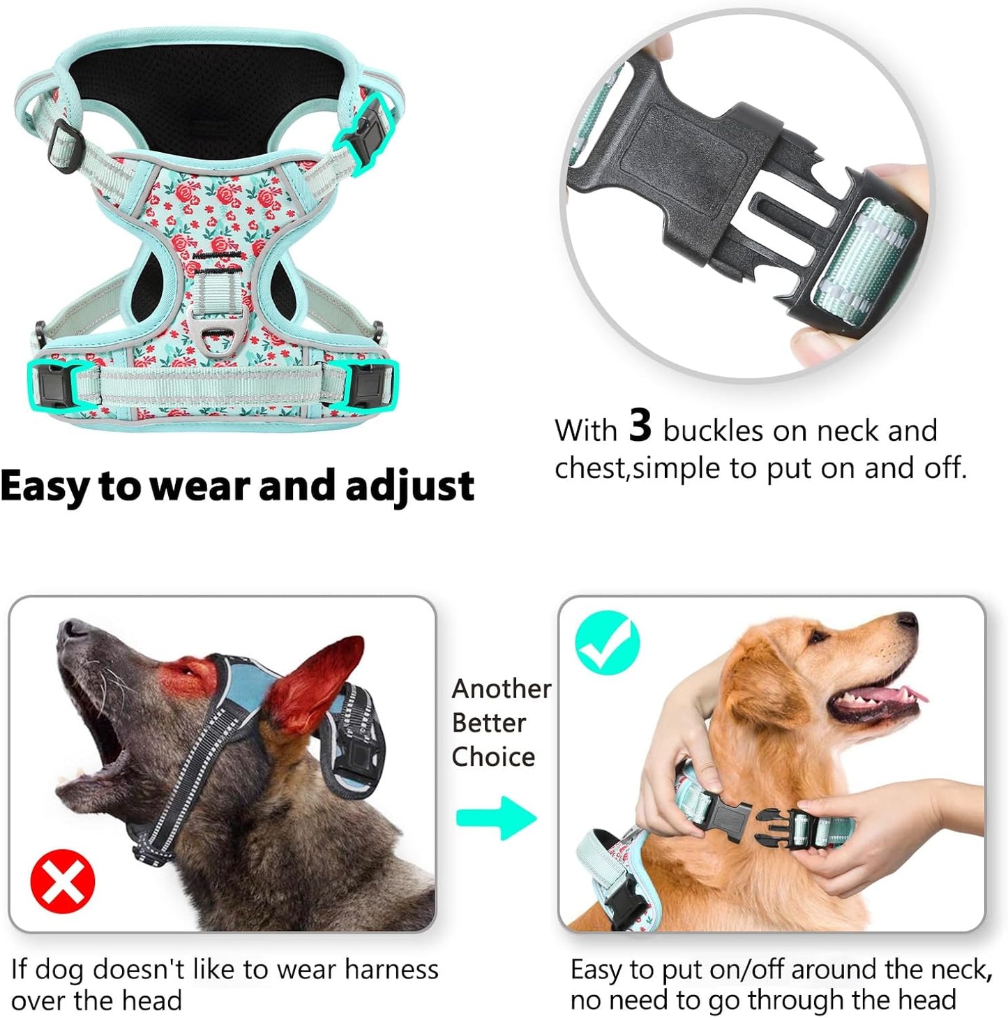 Timos Dog Harness, 3 Snap Buckles No-Pull Soft Padded Dog Vest with 2 Metal Leash Clips,Adjustable Reflective No Choke Pet Harness with Easy Control Handle for Small Dogs,Cyan,S