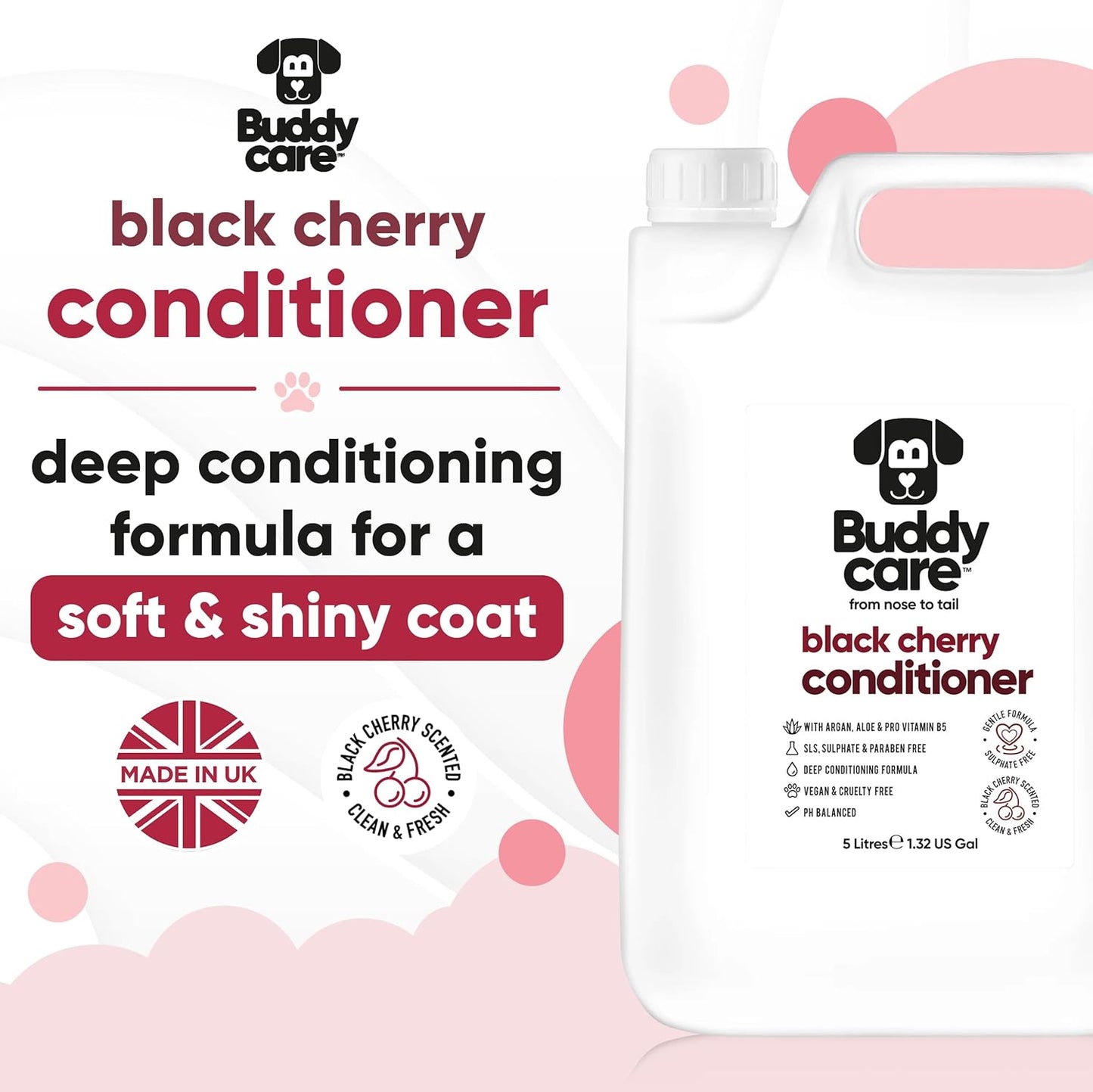 Black Cherry Dog Conditioner (169.07oz) Made with Aloe Vera, Argan Oil & Pro Vitamin B5 | Detangle Matted Coats & Relieve Sensitive & Itchy Skin, Suitable for Puppies from 8 Weeks, Vegan