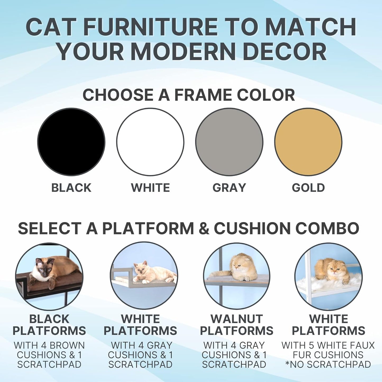 THE REFINED FELINE 62 Inch Tall Metropolitan Cat Condo, Gold Metal Frame Cat Tower, Multi-Level Modern Cat Tree for Indoor Cats, Brown Platforms with Gray Replaceable Cushions & Scratching Post
