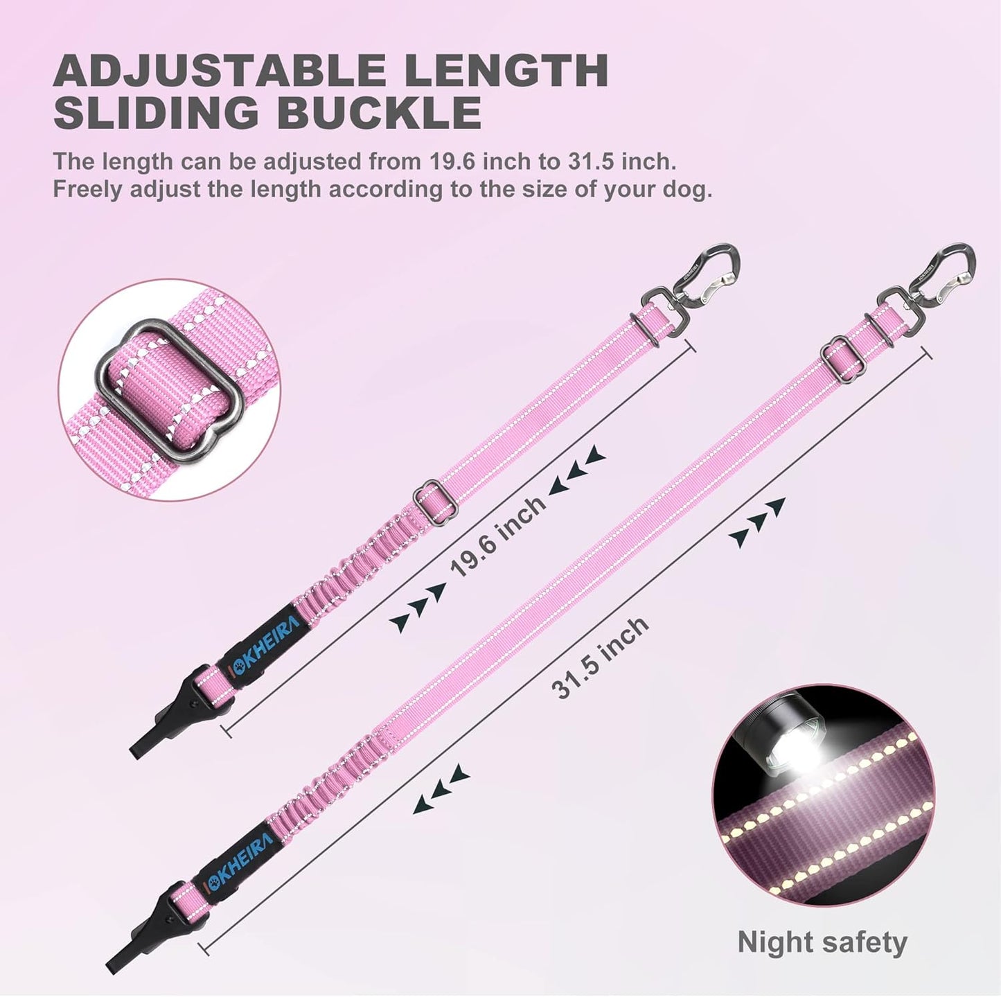 IOKHEIRA Dog Seatbelt - Adjustable Reflective Bungee Harness with Aluminum Swivel Carabiner