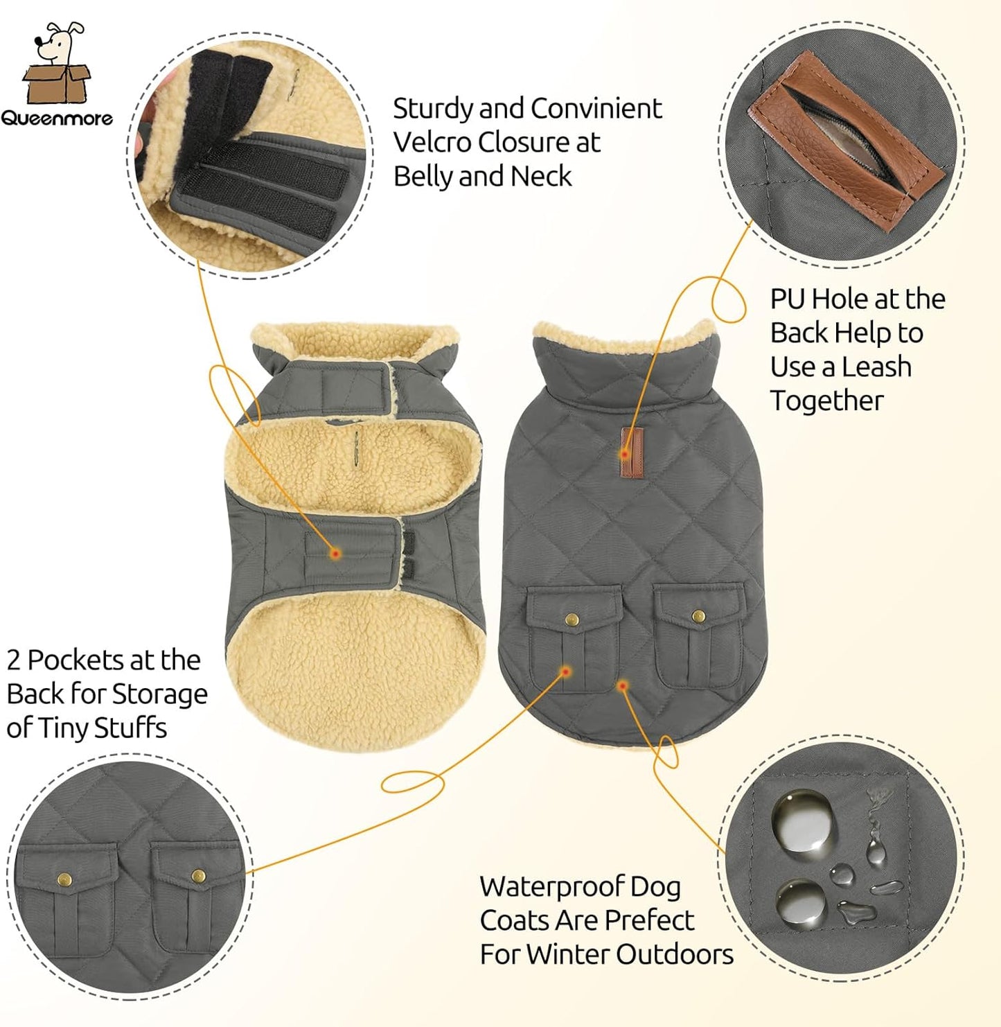 Queenmore Dog Winter Coat - Fleece Jacket, Waterproof Cold Weather Clothes, Thick Warm Cotton Padding, Easy On Storage Pockets (Grey, Large)