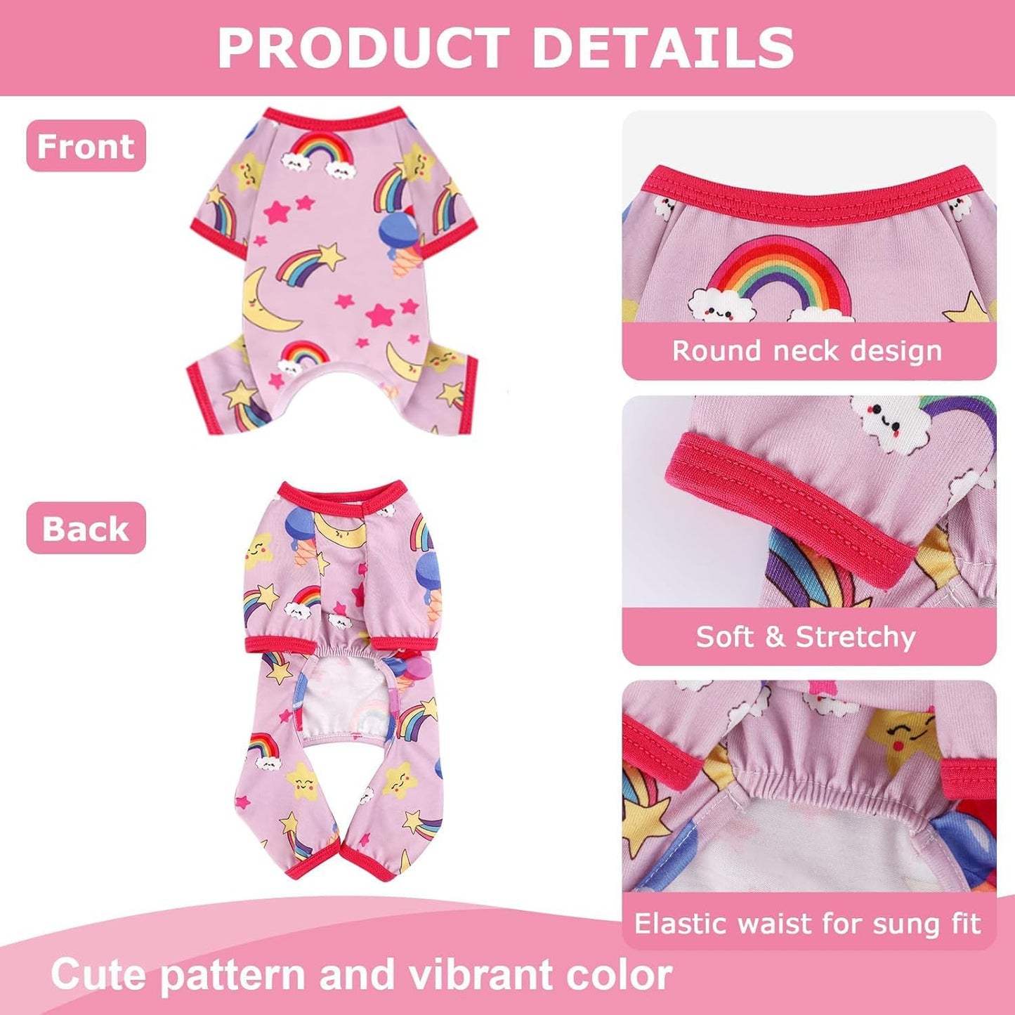 Dog Pajamas Pjs Spring Summer Dog Clothes for Small Dogs Girl - Female - Small Size Dogs, Soft Stretchy Puppy Clothes Doggie Onesies Cat Pet Jammies Outfit, Rainbow Pink, S