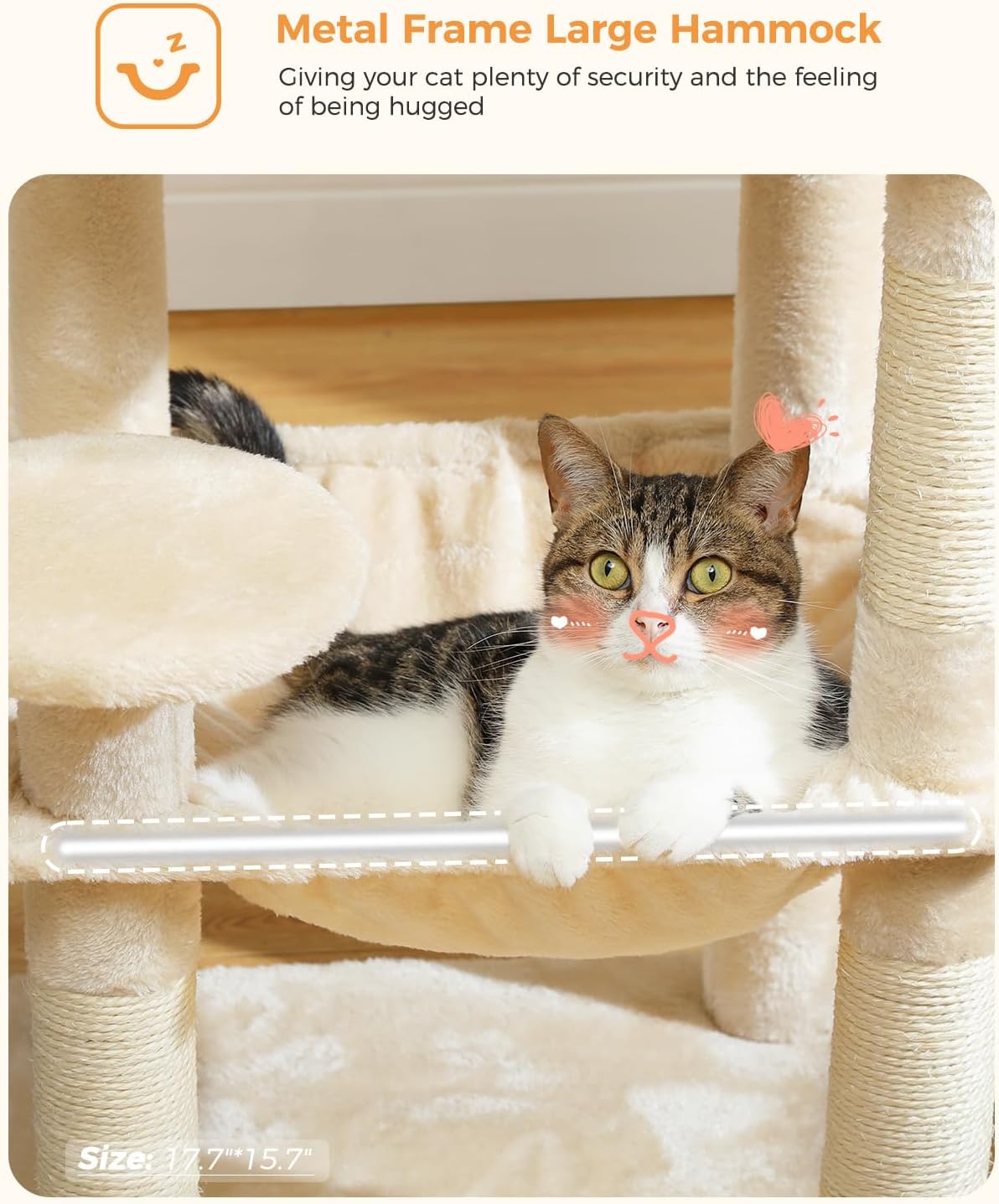 Cat Tree for Indoor Cats, 45.7" Multi-Level Cat Tower with Large Metal Frame Hammock, Cat Condo with 4 Scratching Posts and Top Perch for Small Medium Cat, Beige