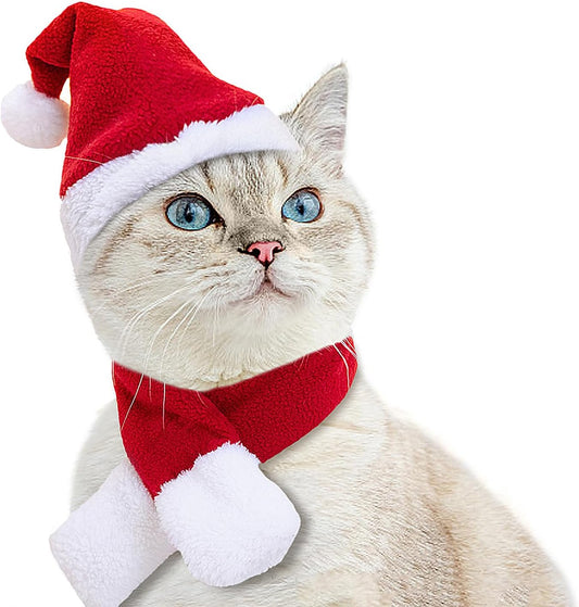 Enjoying Cat Christmas Costume, Santa Hat with Red Scarf for Cats Small Dogs, Rabbit Xmas Outfit, Pet Santa Claus Hat Scarf for Cold Day Head and Neck Warm, New Year Party Cosplay