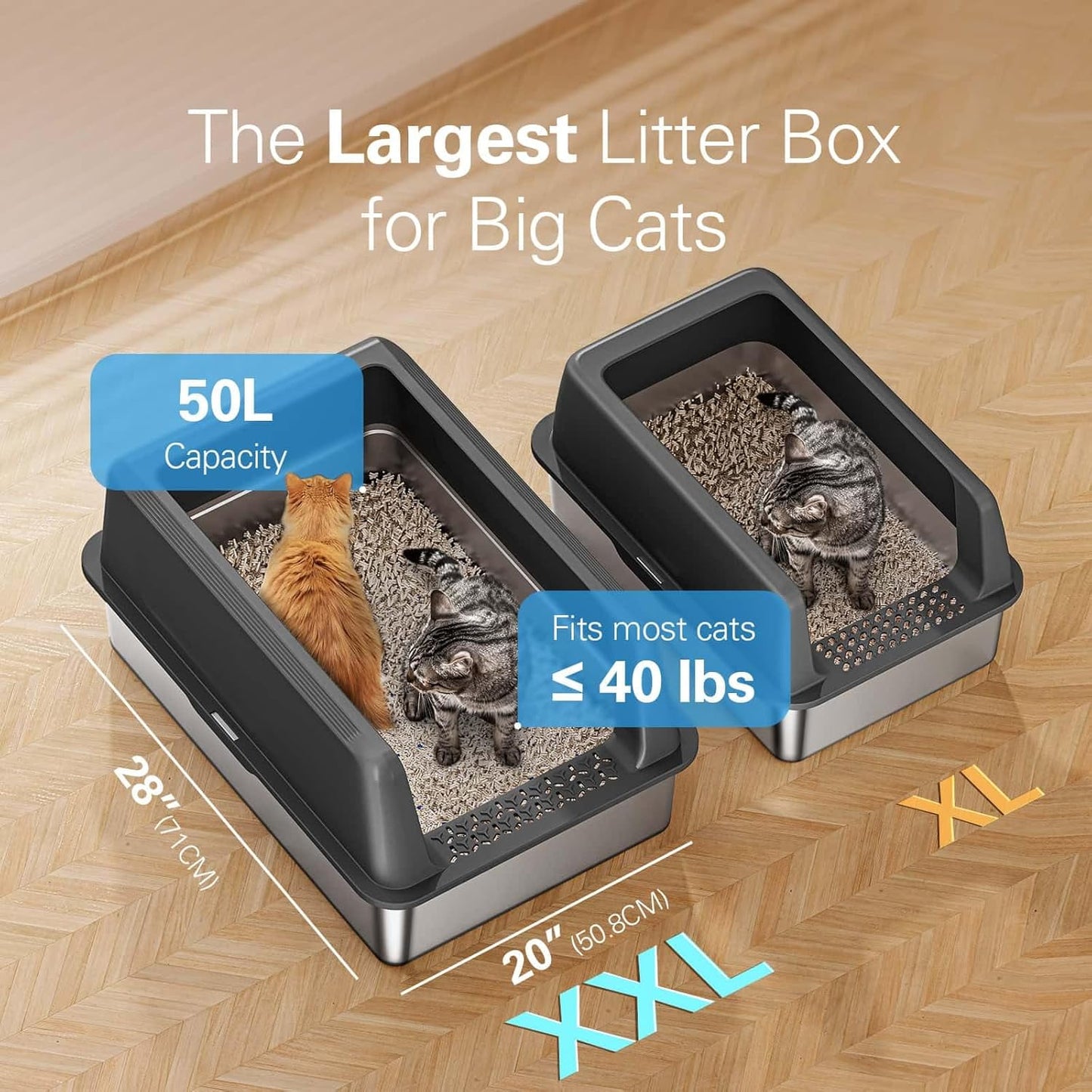 Zarler XXL Stainless Steel Litter Box, Extra Large Cat Litter Boxes 27.8" L x 20" W x 12.9" H, Metal Litter Box with Lid for Multiple Cats, High Sided, Non-Sticky, Anti-Urine Leakage (Grey)