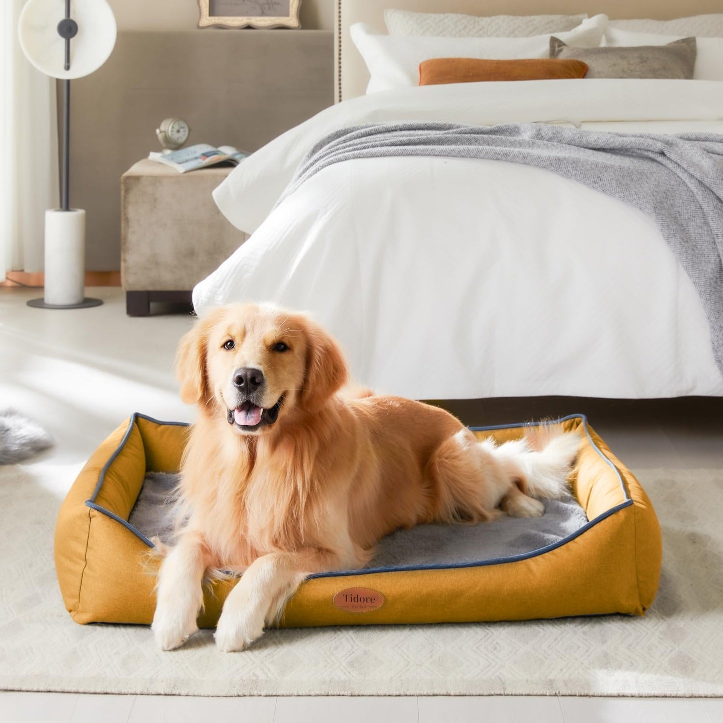 Orthopedic Dog Beds for Medium Dogs, Durable Egg Crate Foam Sofa Dog Bed wit Washable Removable Cover,Waterproof Lining,Pet Bed for Large Dogs (Mustard Yellow, 39.4" L x 31.5" W x 7.4" Th)