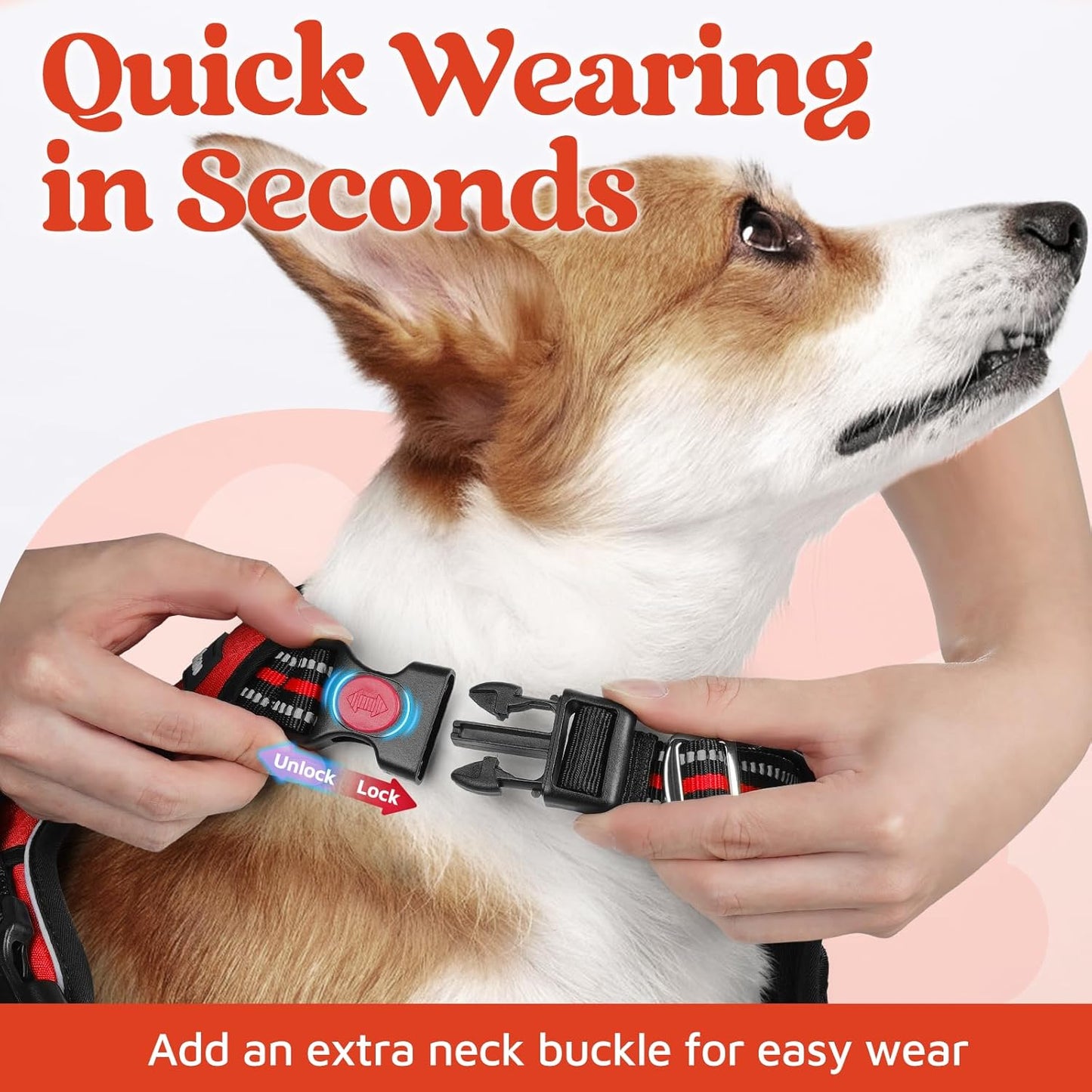 rabbitgoo Dog Harness Small Sized, No Pull Dog Vest with 3 Buckles, Adjustable Soft Padded Pet Harness with Easy Control Handle and Reflective Strips, Red, S