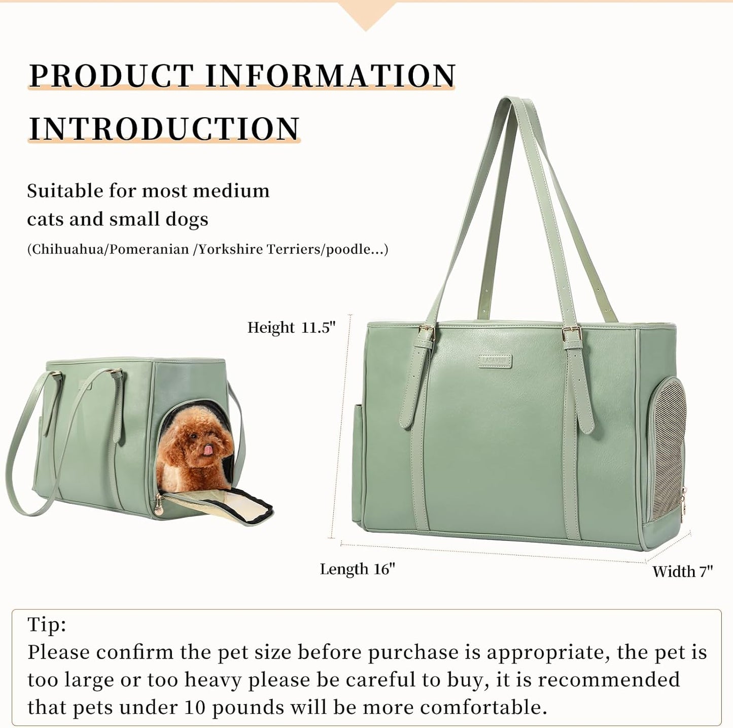Fashion Dog Purse Pet Carrier Leather Bag for Small Dogs Cats Puppy, Portable Tote Bag Airline Approved Soft-Sided Carriers (Green)