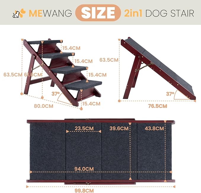 MEWANG Wooden Pet Stairs/Pet Steps - 3-in-1 Foldable Stairs & Ramp for Tall Beds and Cars - Portable Dog/Cat Ladder Up to 220 Pounds - for Small and Older Animals(Brown) (31.5" L x 17.2" W x 25.0" H)