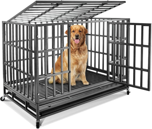 Confote 47Inch Heavy Duty Dog Kennel Strong Metal Dog Cage Pet Crate for Medium and Large Dogs with Four Lockable Wheels, Removeable Tray