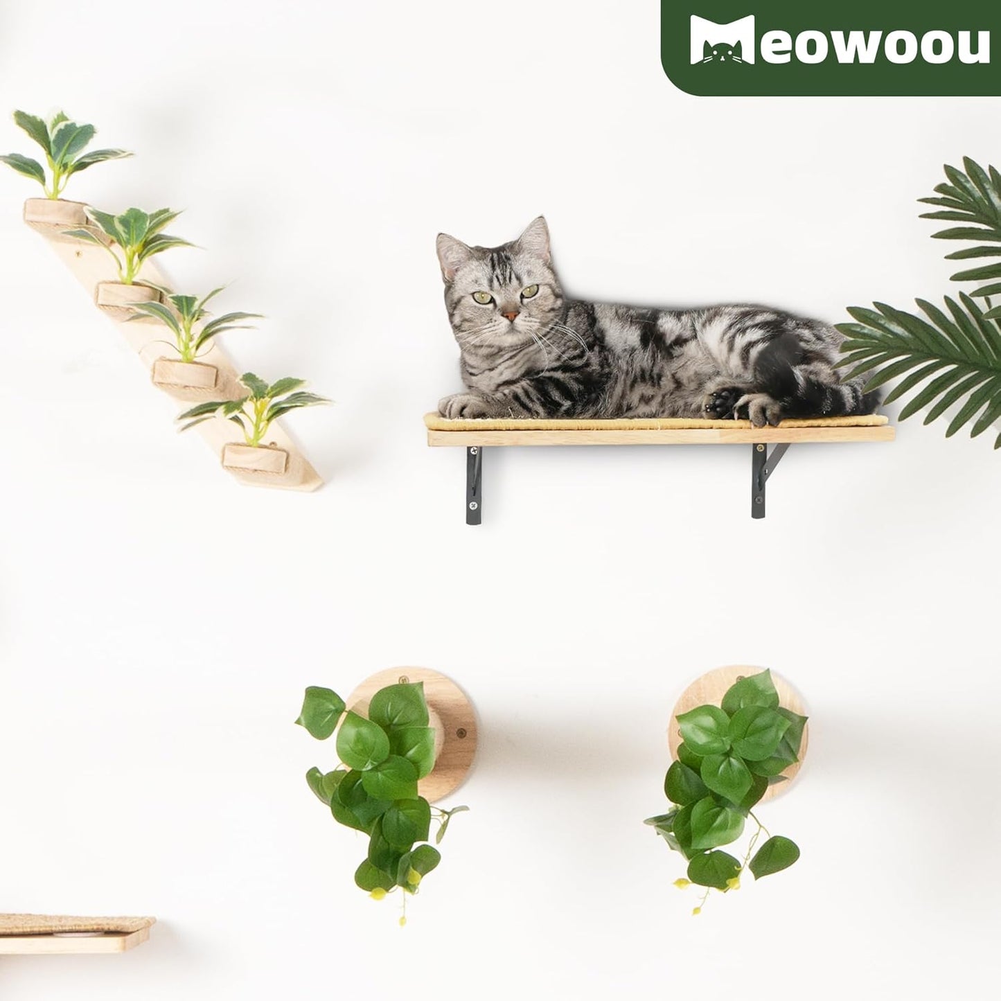 Meowoou Cat Wall Shelf with Sisal Mat, Wall Mounted Rubber Wood Cat Wall Furniture, Cats Climbing Steps for Wall, Cats Window Perches for Sleeping, Playing and Scratching