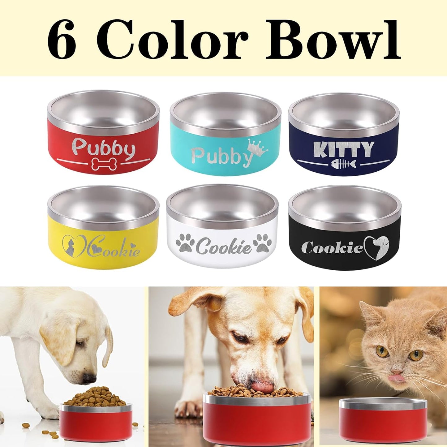 64OZ Personalized Dog Bowl Laser Engraved Custom Pet Name 18/32/42/64 oz No Slip Stainless Steel Insulated Bite-Resistant Food Water Dishes-Red