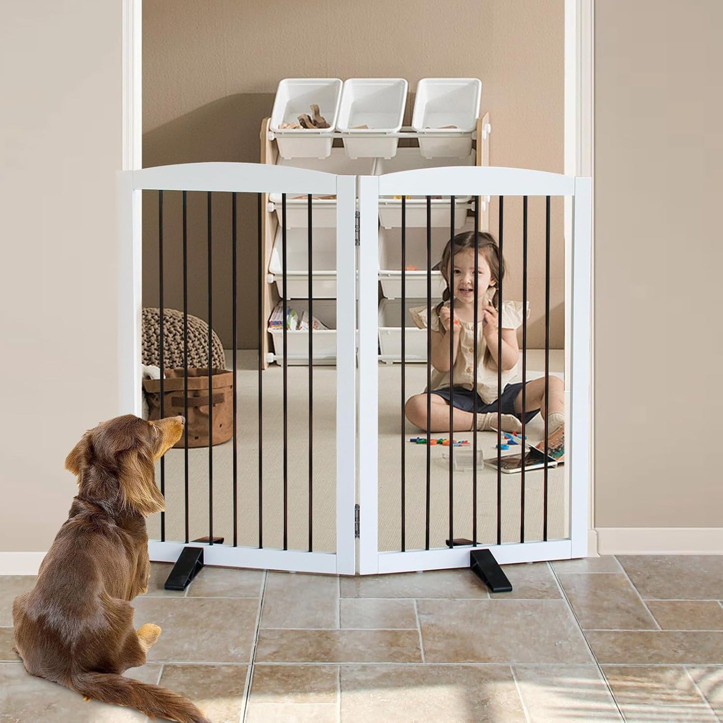Freestanding Panel Dog Gate for Indoor, Doorways,Stairs, or Hallways,Foldable Wooden Dog Gates for House,Pet Gate for Dogs,Dog Fence, Puppy Gate,Support Feet Included,32 "Height-2 Panels,White