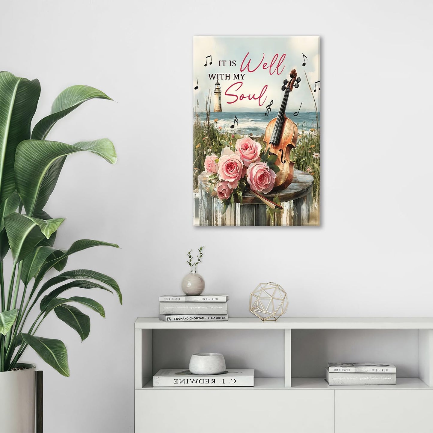 Violin Pictures Wall Art, Music Rustic Country Inspirational Bathroom Wall Decor, Coastal lighthouse Framed Painting Rose Aesthetics Canvas Artwork for Bedroom Living Room Decorations 24"L x 16"W