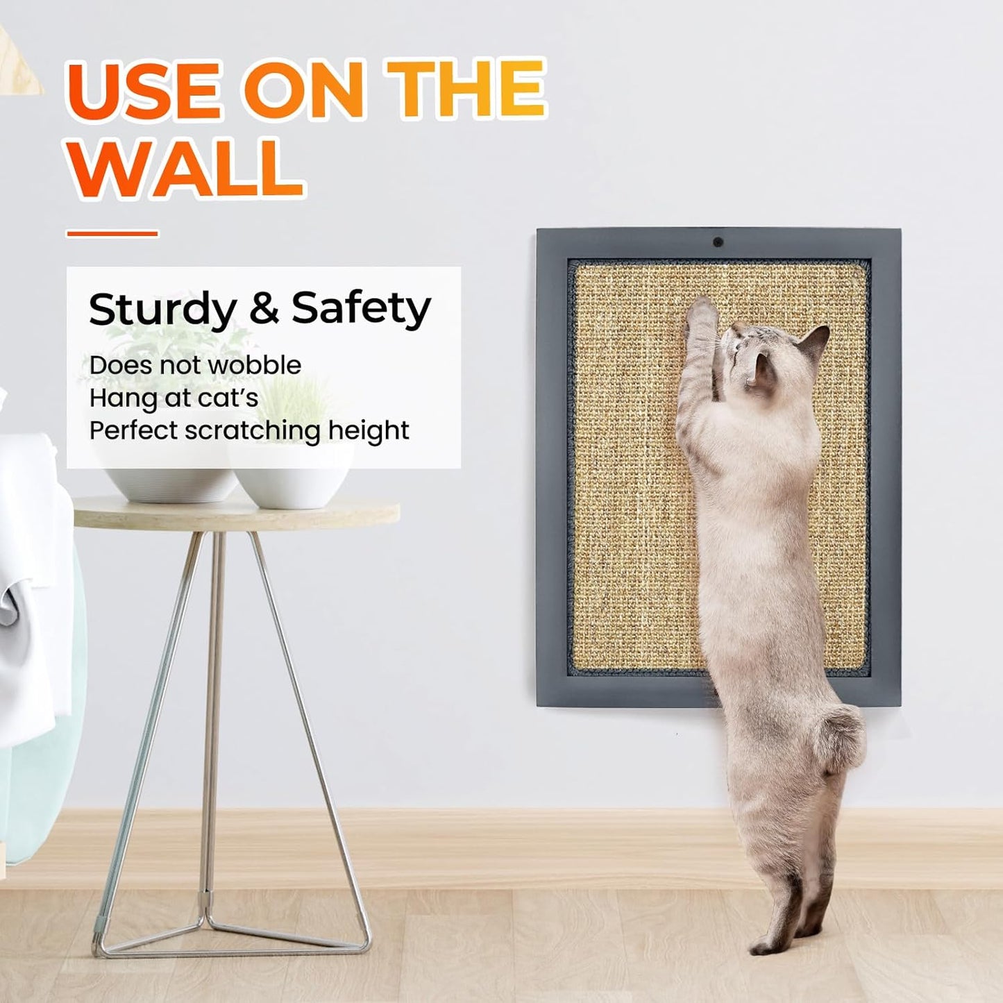 Cat Scratching Post, Natural Wooden Sisal Cat Wall Scratcher, Floor or Wall Mounted Vertical Cat Scratch Pad for Indoor Cats Adults or Kittens, Cat Wall Furniture Protector (Single Grey)