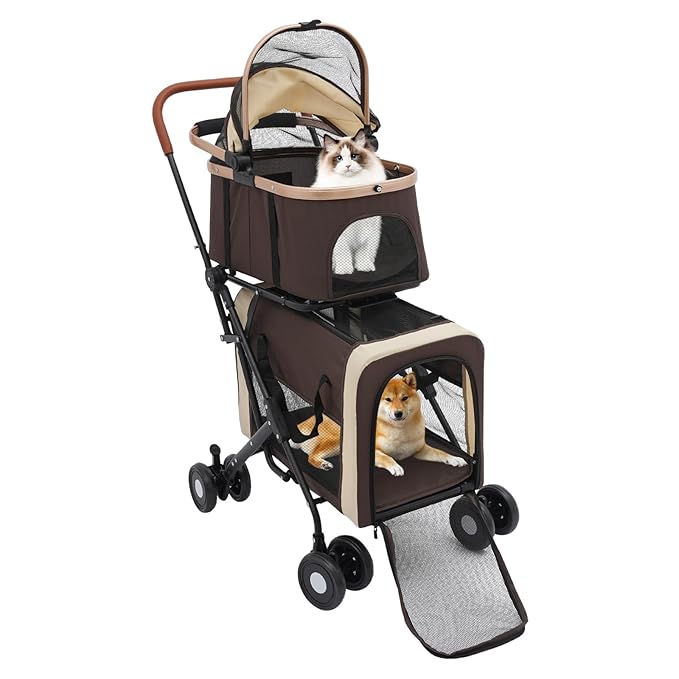 Double Pet Stroller for Dogs and Cats, Foldable Dog Stroller Travel Carriage with Detachable Carriers, Safety Belts, and 4 Lockable Wheels for Small to Medium Pets (Coffee Color)