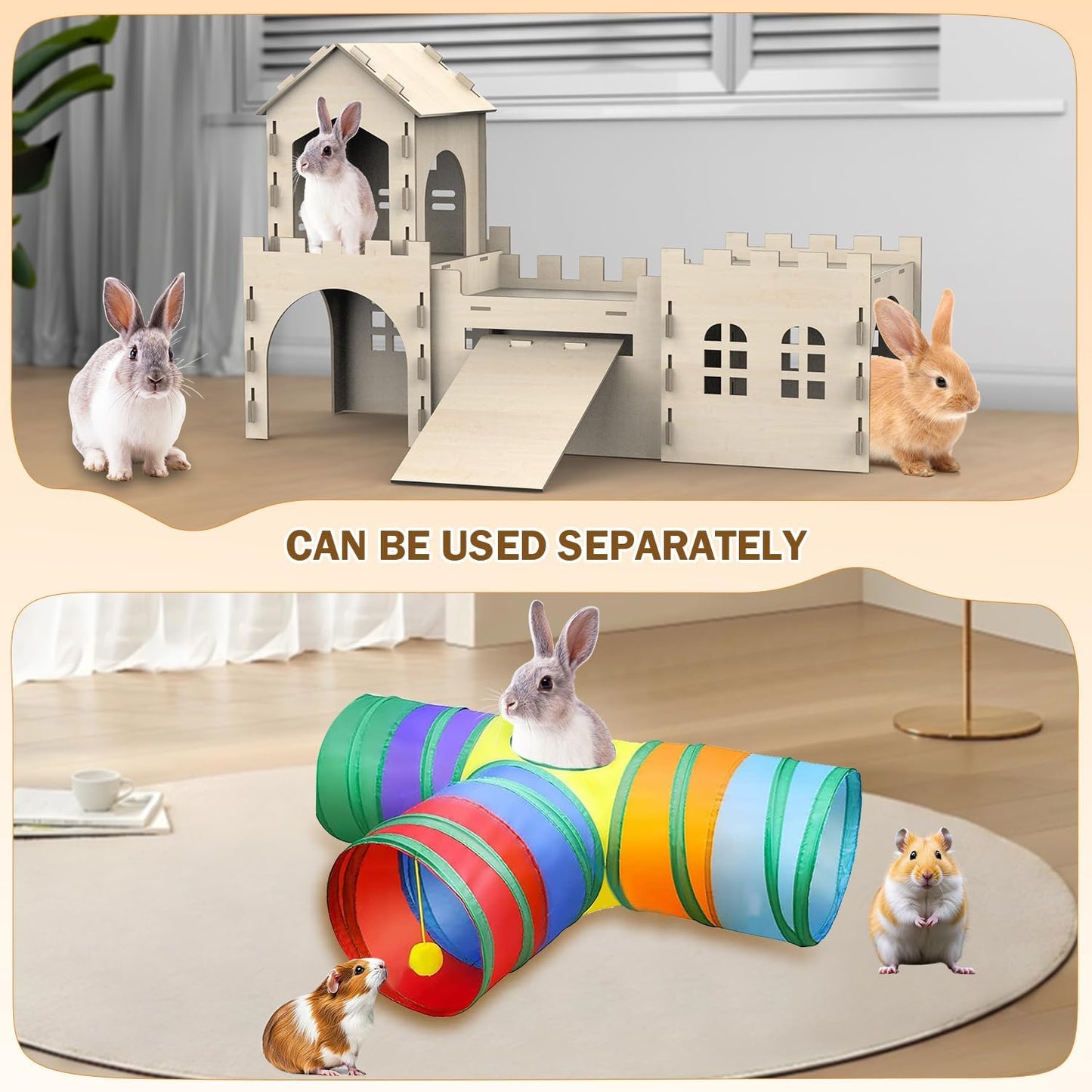Large Bunny House and Hideouts, Wooden Dual-Layer Rabbit Castle with Stair, Rubber Band-Free Setup - Chew-Proof, Sturdy Habitat for Guinea Pig Chinchilla Ferret (Rabbit House with Tunnels & Tubes)