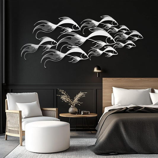 School of Fish Metal Wall Art, Metal Fish Wall Decor, Sea Life Wall Art, Large Nautical Wall Hanging, Modern Beach House Wall Decor, Ocean Themed Artwork for Bathroom (Silver, 53"x22" | 135x57cm)