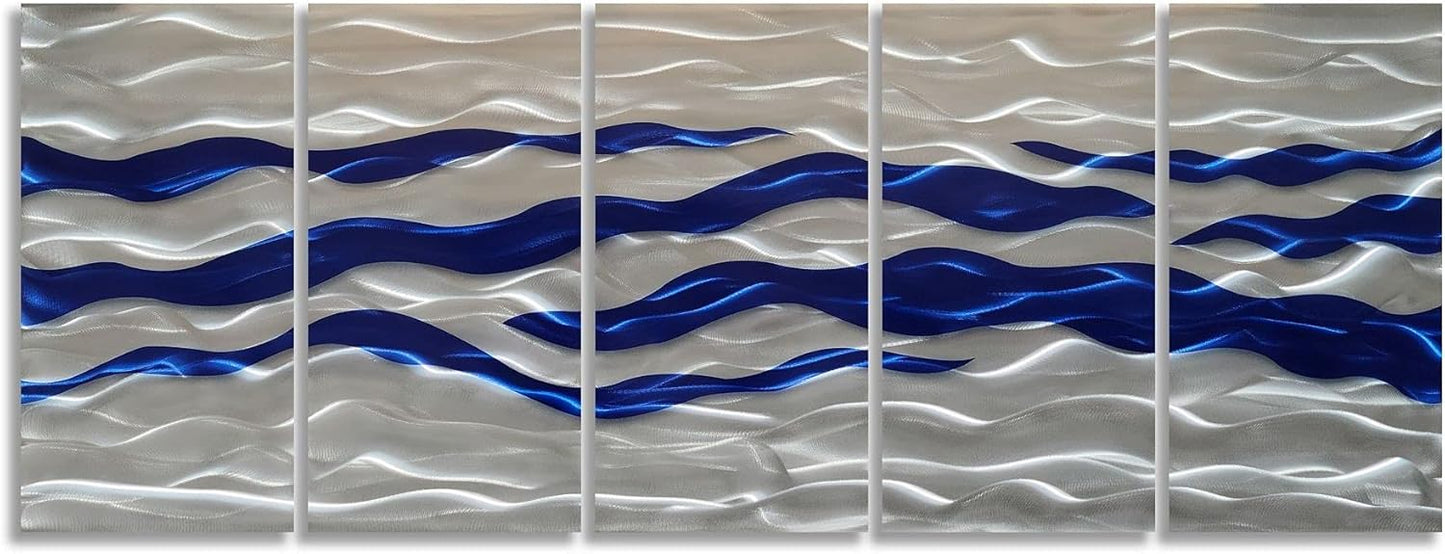 SYGALLERIER Abstract Coastal Metal Wall Art Handcrafted Big 3D Blue and Silver Artwork Modern Sea Waves Pictures Contemporary Sculpture for Living Room Bedroom Bathroom Decor