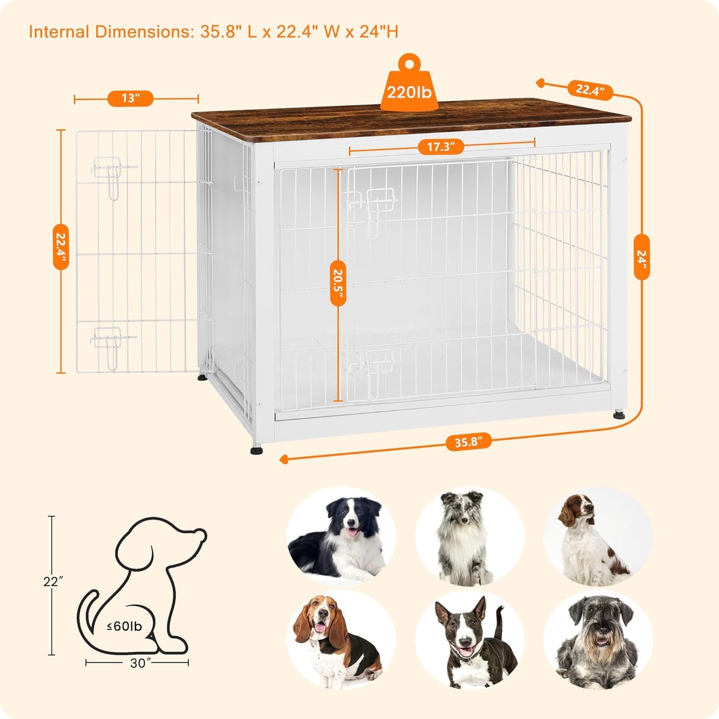 DWANTON Dog Crate Furniture with Cushion, Wooden Kennel Table with Double Doors, Indoor Dog House, Large Size, 38.5" L, White+Rustic Brown