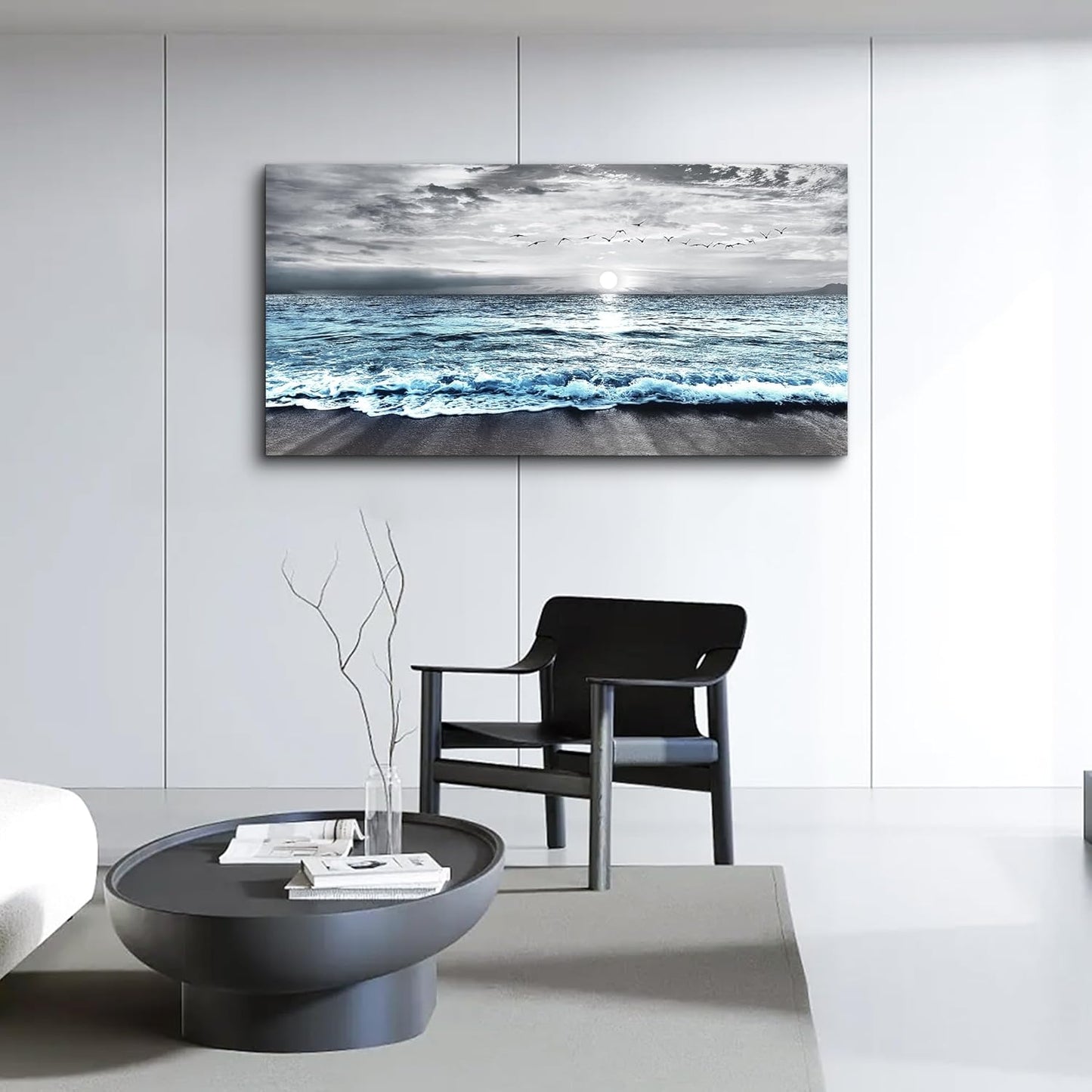 Lapremoly Large Canvas Wall Art For Living Room Wall Decor For Bedroom Office Wall Decorations Black And White Beach Wall Painting Blue Ocean Sea Wave Pictures Stretched and Framed Modern Artwork