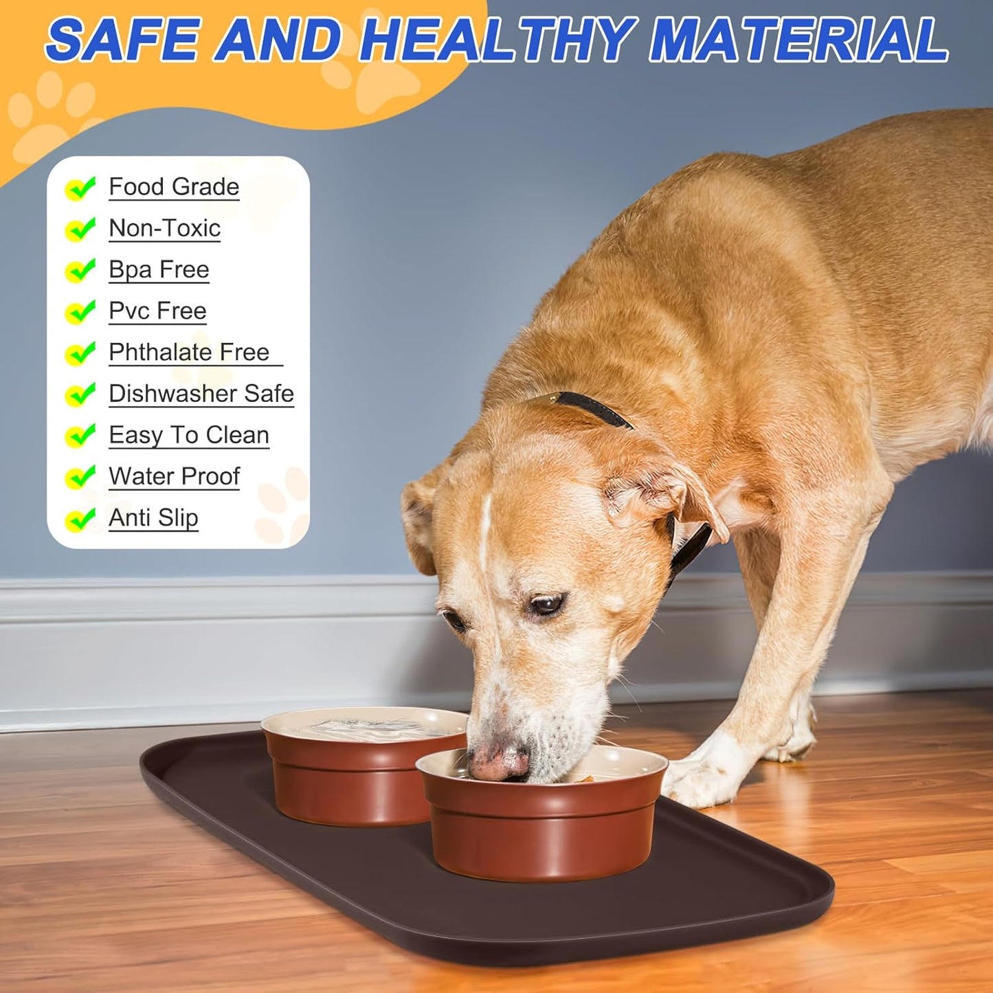 Silicone Pet Feeding Mat with Raised Edge for Food and Water, Dog Bowl Mats, Cat Bowls Placemat with High Lip for Floor Waterproof, Rubber Tray for Cats and Dogs 19 x 12 x0.7 Dark Brown