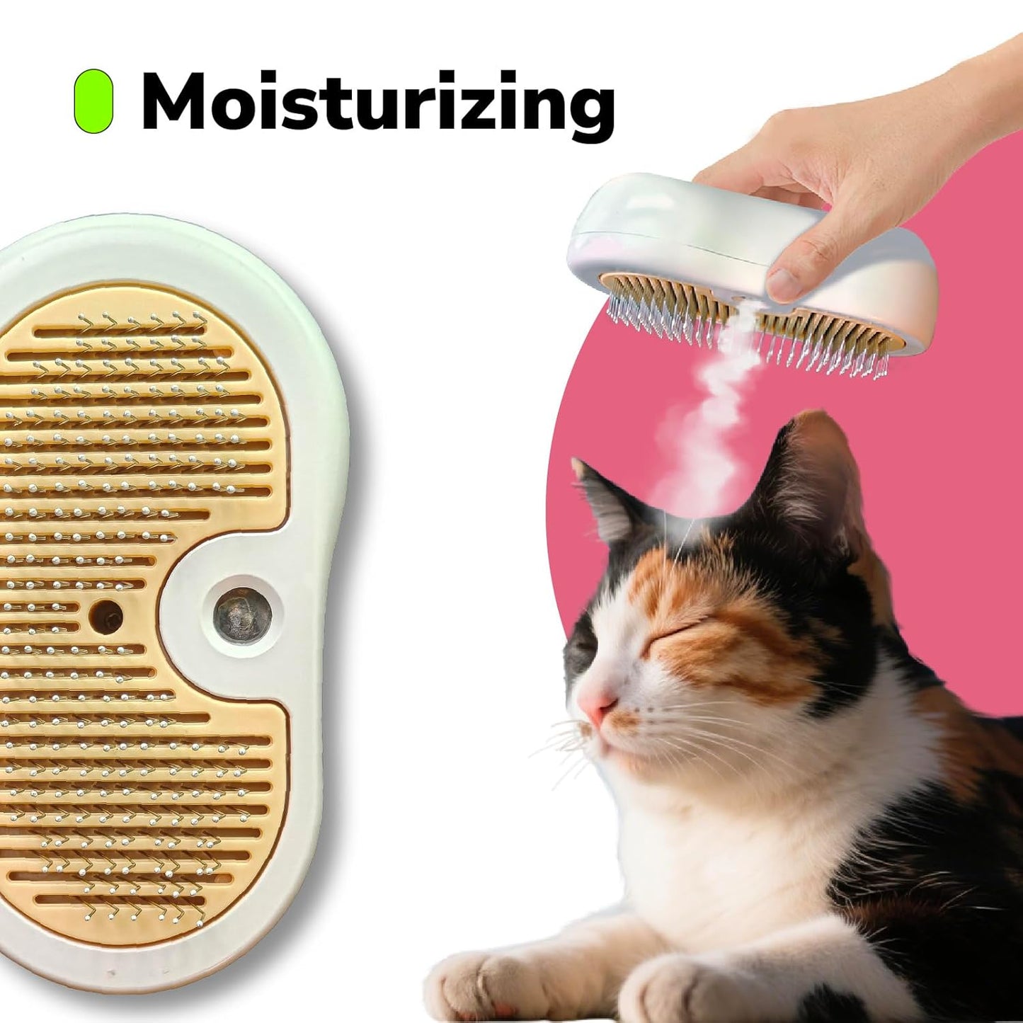 Misty - Moisturizing Pet Comb - Hair Brush with Mist, One-Click Clean, & Stainless Steel Bristles - Anti-Static Deshedding - Smooth Grooming for Cats, Dogs, & Small Pets - No Handle Compact Design