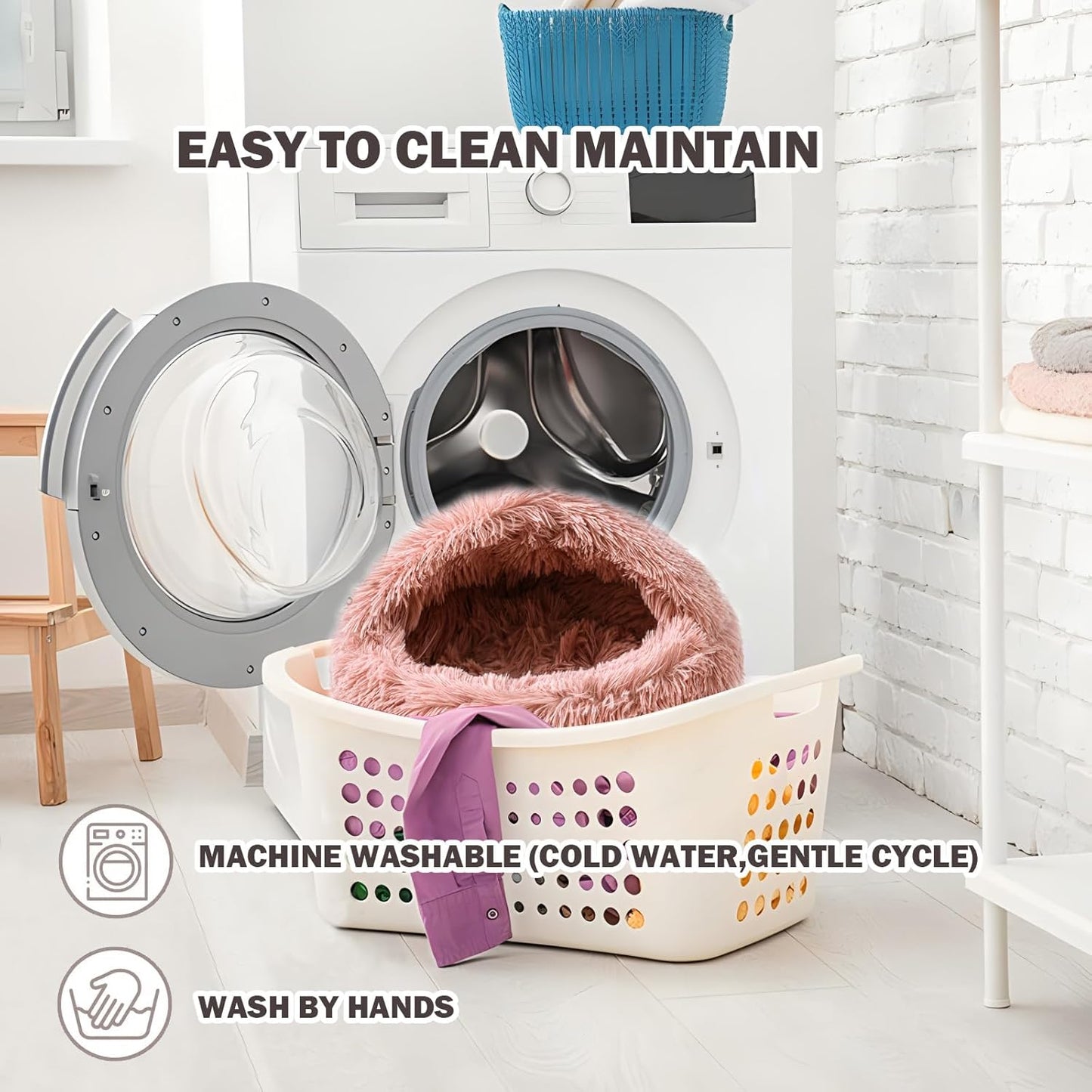 Cat Bed for Indoor Cats, Calming Cozy Cave with Self-Warming Plush, Entire Bed Machine Washable & Anti-Slip Base, Breathable Pet Bed for Small Cats&Dogs All Seasons (Leather Pink, 24 * 24inch)