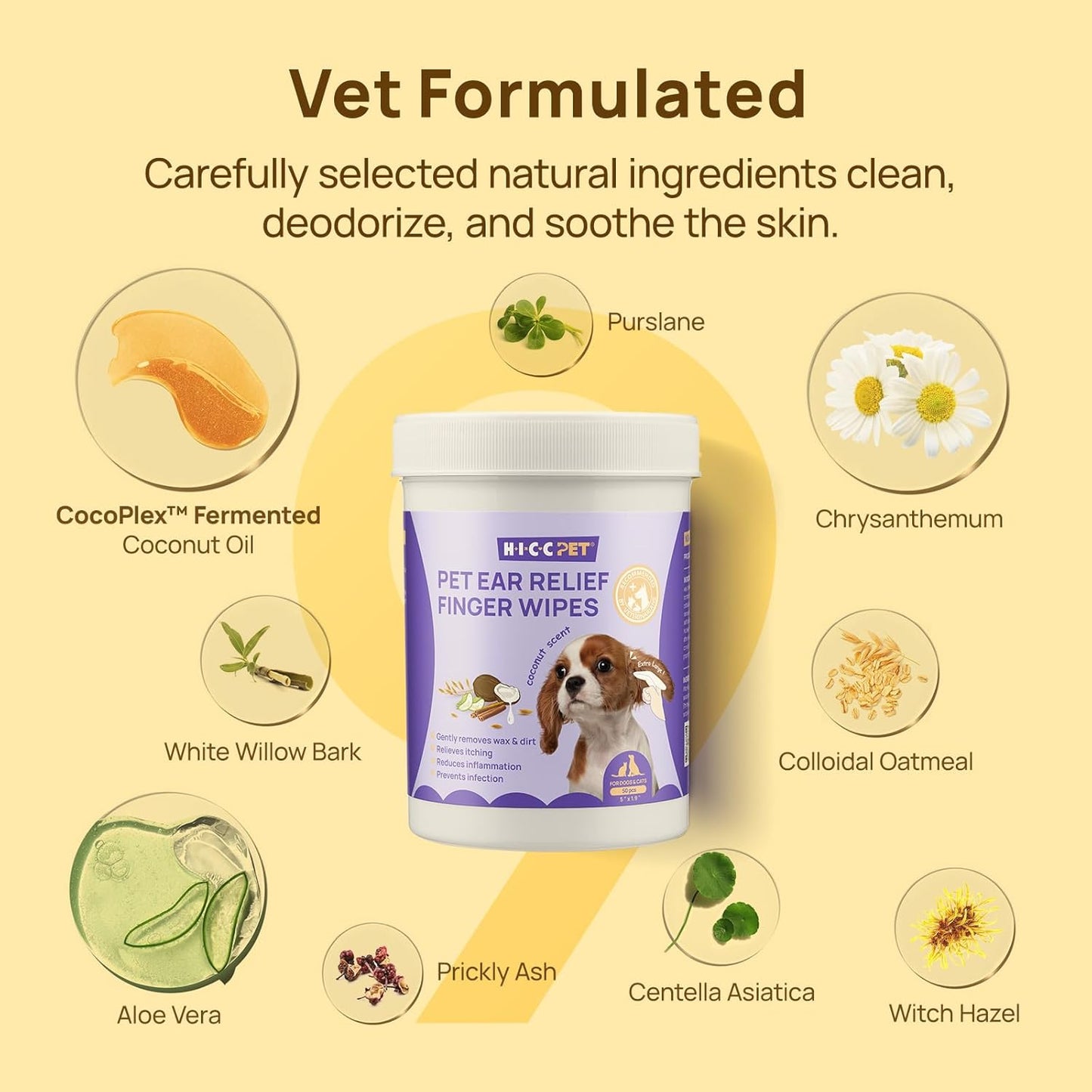 HICC PET Dog Ear Finger Wipes, Ear Cleaner Wipes for Dogs & Cats, Dog Ear Infection Treatment to Relief Itching & Inflammation, Remove Wax, Dirt & Stop Smelly, Non-Irritating, 50ct(Coconut Scent)