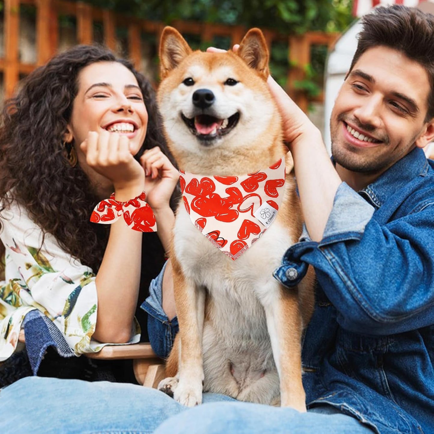 E-Clover Cute Dog Bandana & Matching Scrunchie-Heart Dog Bandanas Red Pet Scarf Bib for Medium Large Dogs Girl Boy Owner Mothers Day Mom Gift