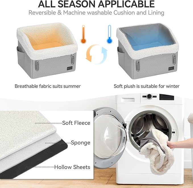 PETSFIT Small Dog Car Seat, Waterproof PU Leather Dog Booster Car Seat with Patented Safe Buckles, Pet Carseat for Medium or Small Sized Pets up to 30 lbs (Grey)