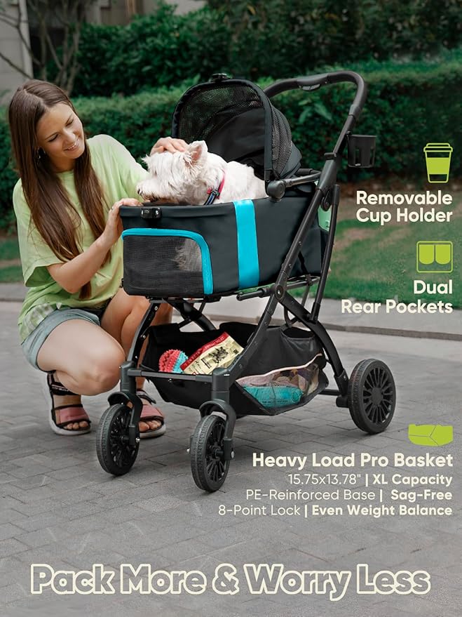 Dog Stroller, Cat Strollers, 5-in-1 Pet Stroller with Detachable Waterproof Carrier for Small/Medium Dogs Cats up to 55lbs, All-in-One Fold Without Detaching Carrier for Dogs Cats 10 lbs to 55 lbs