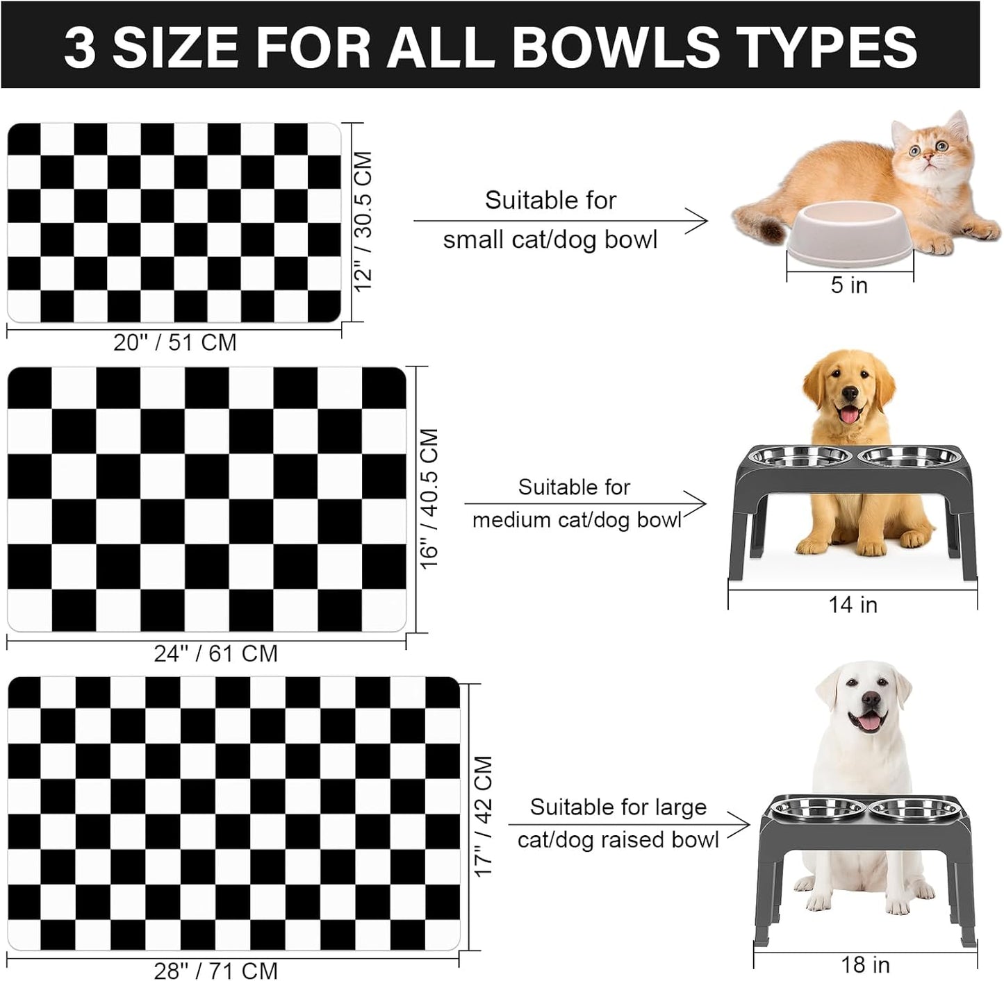 Pet Feeding Mat, 16"x 24" Absorbent Dog Food Mat, Checkered Cat Bowl Mats, Easy to Clean Pet Placemats, Quick Dry Dog Water Dispenser Mats for Messy Drinkers, Black & White