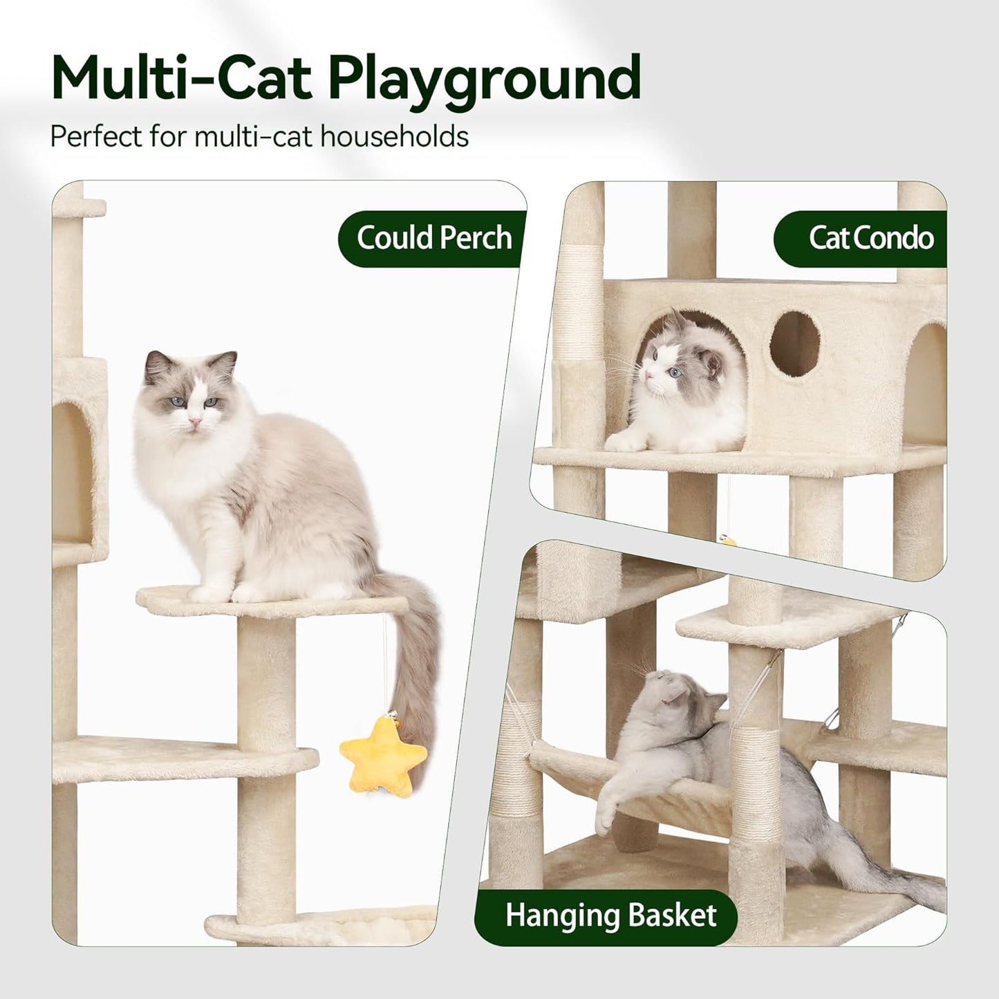 85inch Heavy Duty Cat Tree for Indoor Cats Large Adult, Tall Giant Cat Tower with Scratching Post, Large Perches, Cozy Cat Condos & Hanging Hammocks, Beige