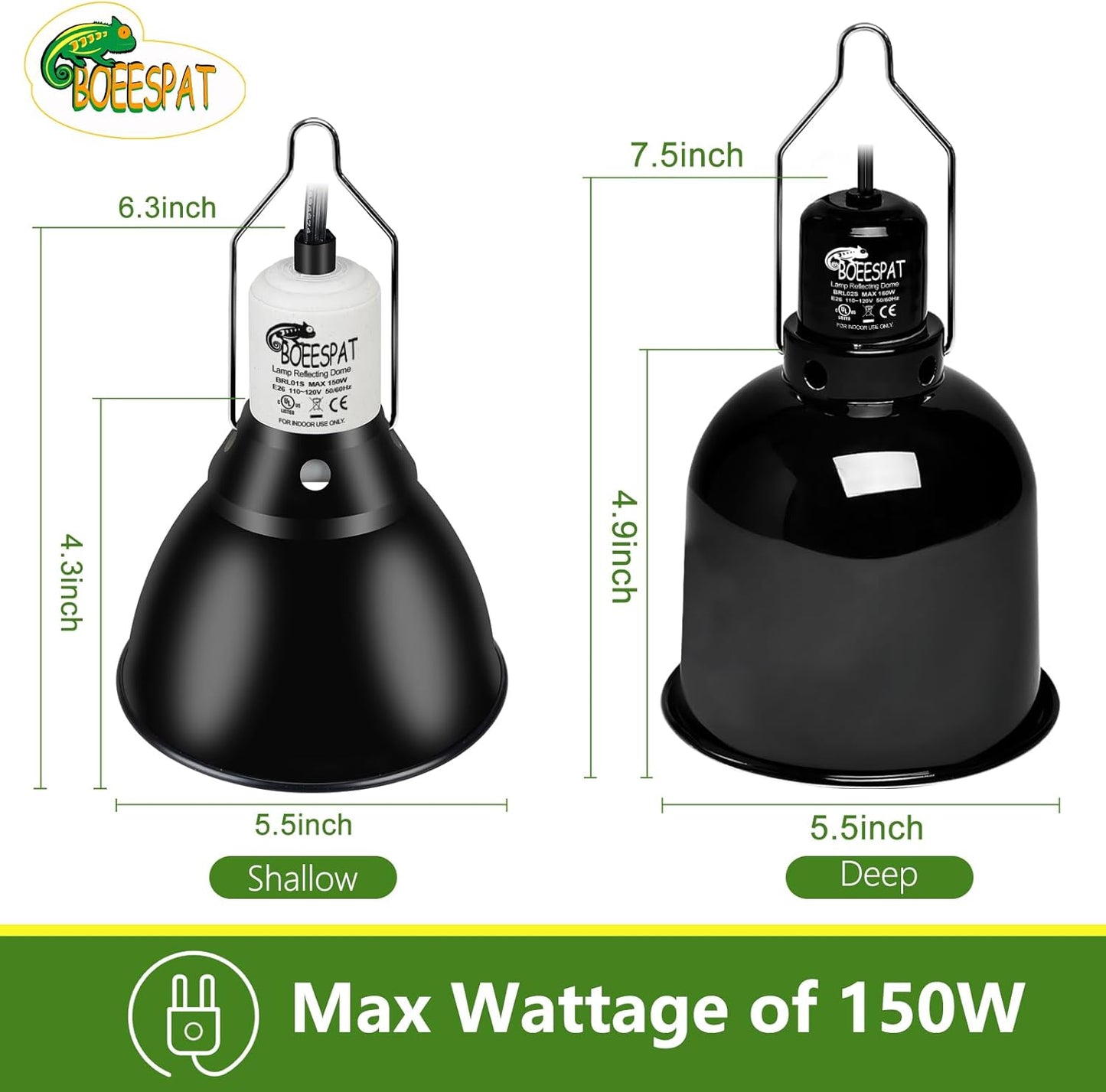 Reptile Light Fixture 5.5 inch Deep Dome with Switch, Optical Reflecting Cover for UVB/UVA Basking Bulbs & Ceramic Heat Emitters