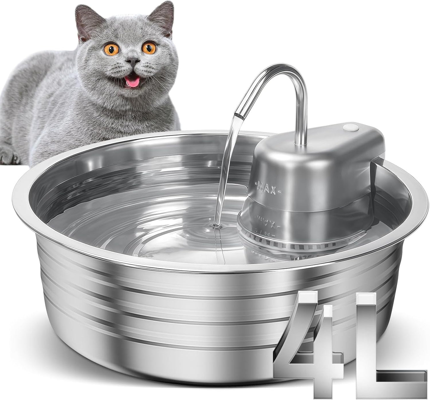 Cat Water Fountain, 4L/135OZ Stainless Steel Pet Fountain Dog Water Dispenser Bowl Cat Drinking Fountains Watering Supplies with Ultra-Quiet Pump for Cats, Dogs, Multiple Pets Indoor