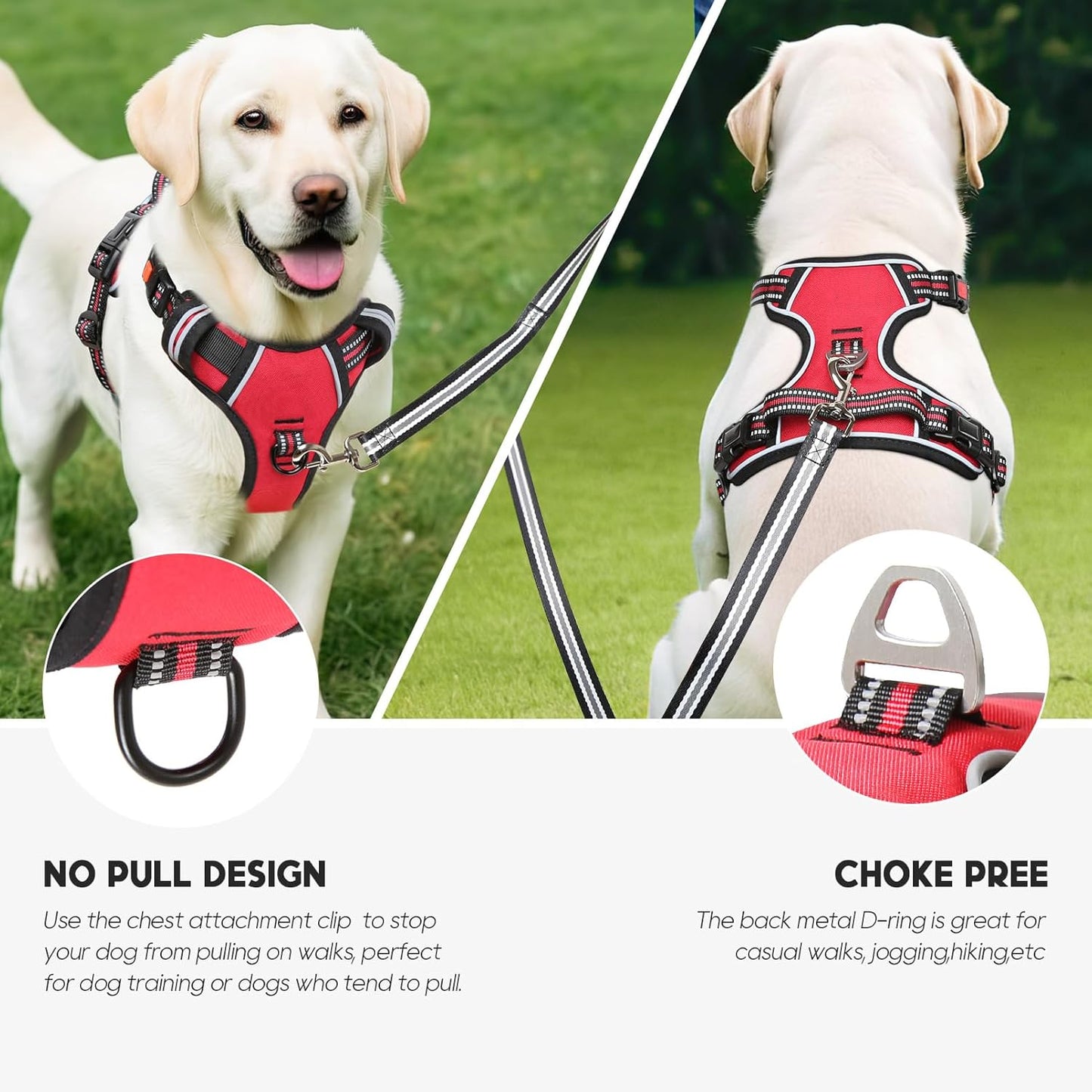 Timos Dog Harness Large Sized, No Pull with Neck Lockable Snap,No Choke Front Clip Dog Reflective Harness,Adjustable Metal Rings 3 Buckles,Easy Control Handle for Large Dogs Red L