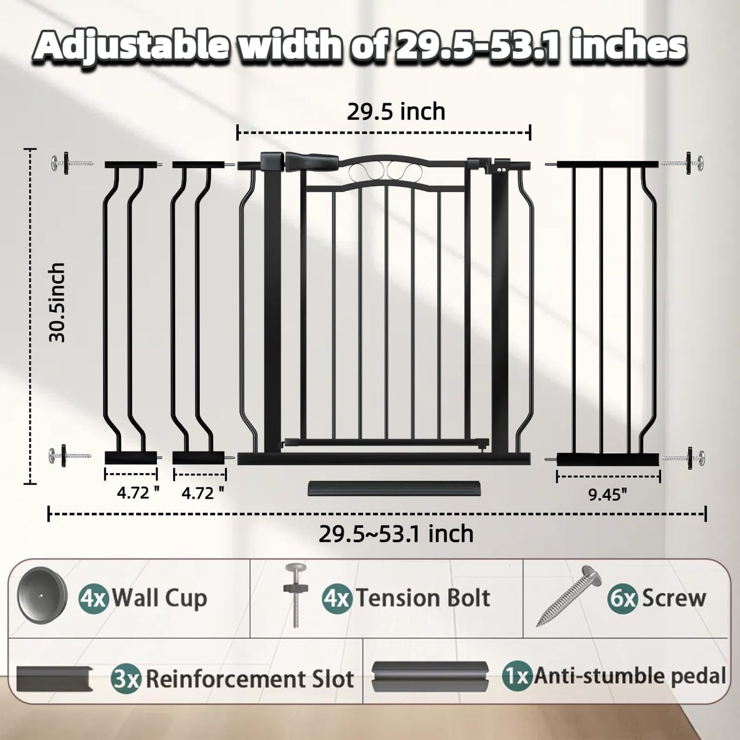Baby Gate for Stairs 29.53"-53.1" Extra Wide, Pressure Mounted Dog Gate Indoor, Walk Thru Pet Gate for Cat Dog Child,Pet Gates for The House Doorway Black
