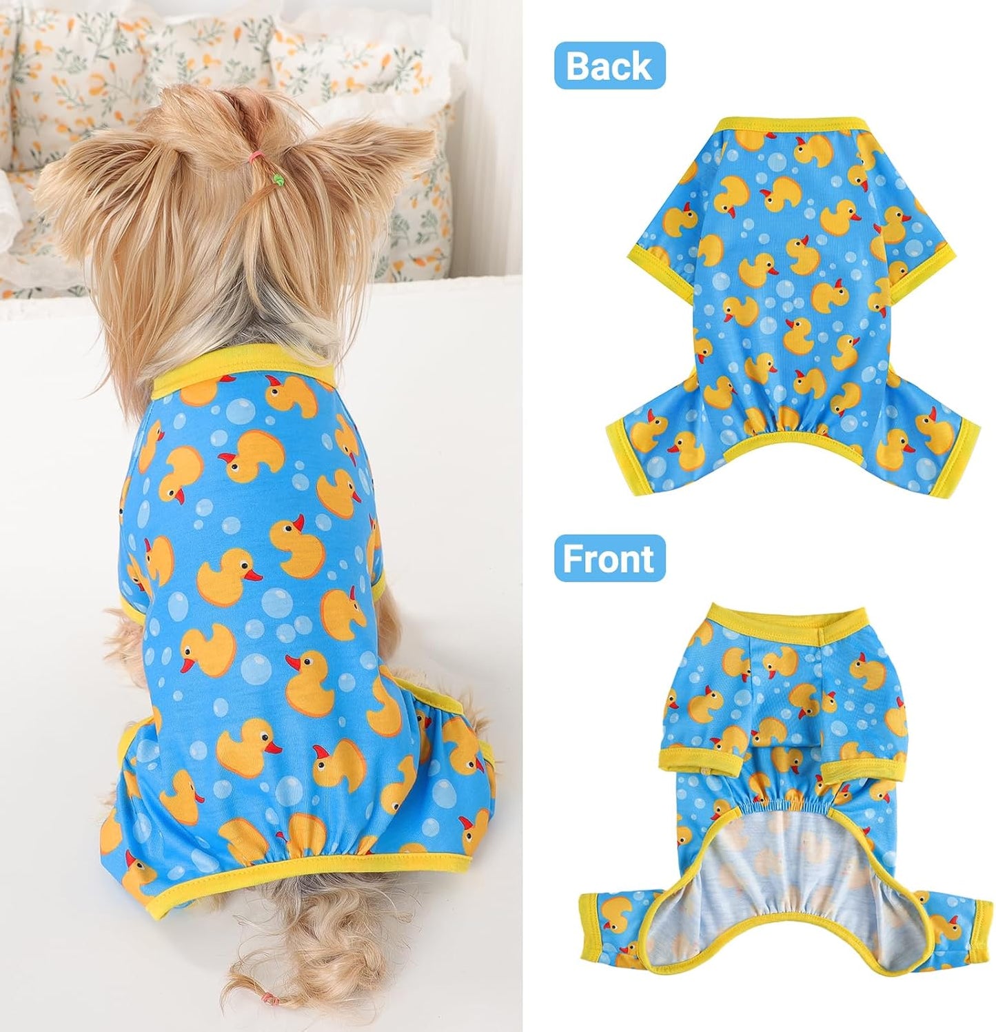 Dog Pajamas Small Sized Dogs Stretchable Summer Dog Clothes Pjs 4 Legs Girl Boy Cute Soft Puppy Outfits Doggie Cat Jammies Jumpsuit Sleeper for Pet, Blue Duck, L