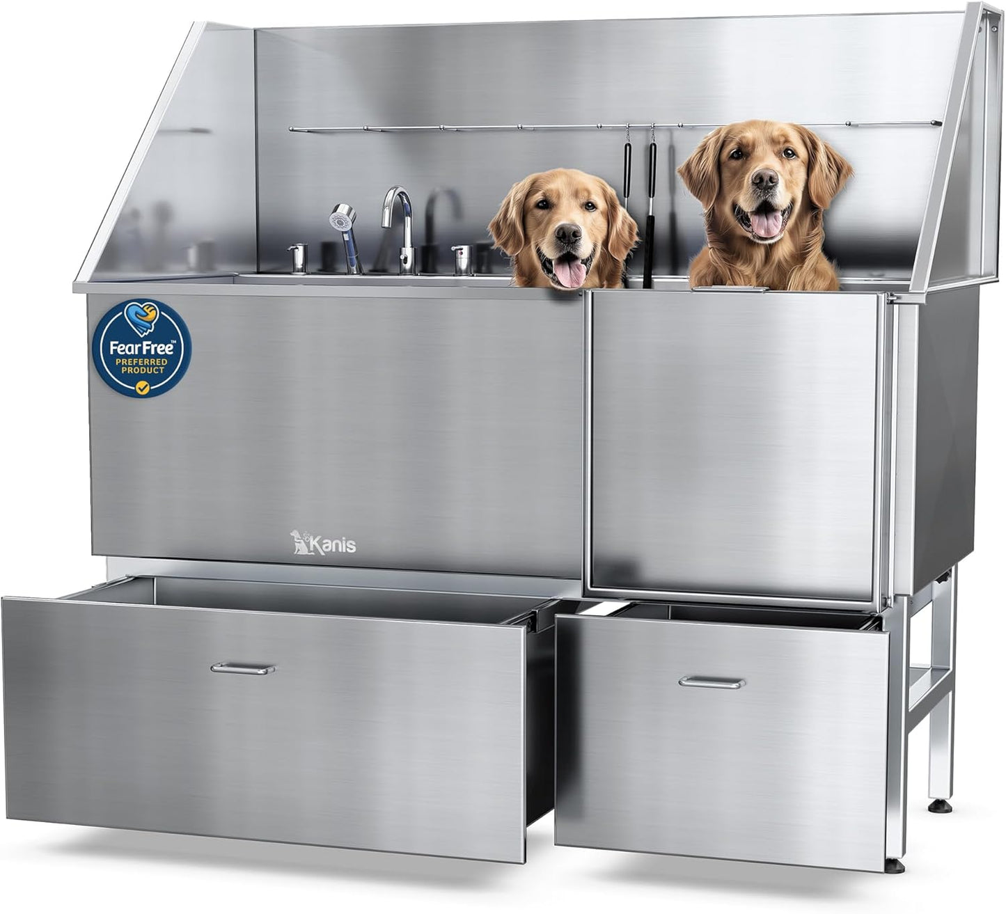 KANIS Professional Dog Washing Station - 304 Stainless Steel Pet Wash Sink & Grooming Bath Tub for Home with Ramp, Shower, Floor Grate, Storage Drawers, and Faucet for Large, Medium & Small Pets
